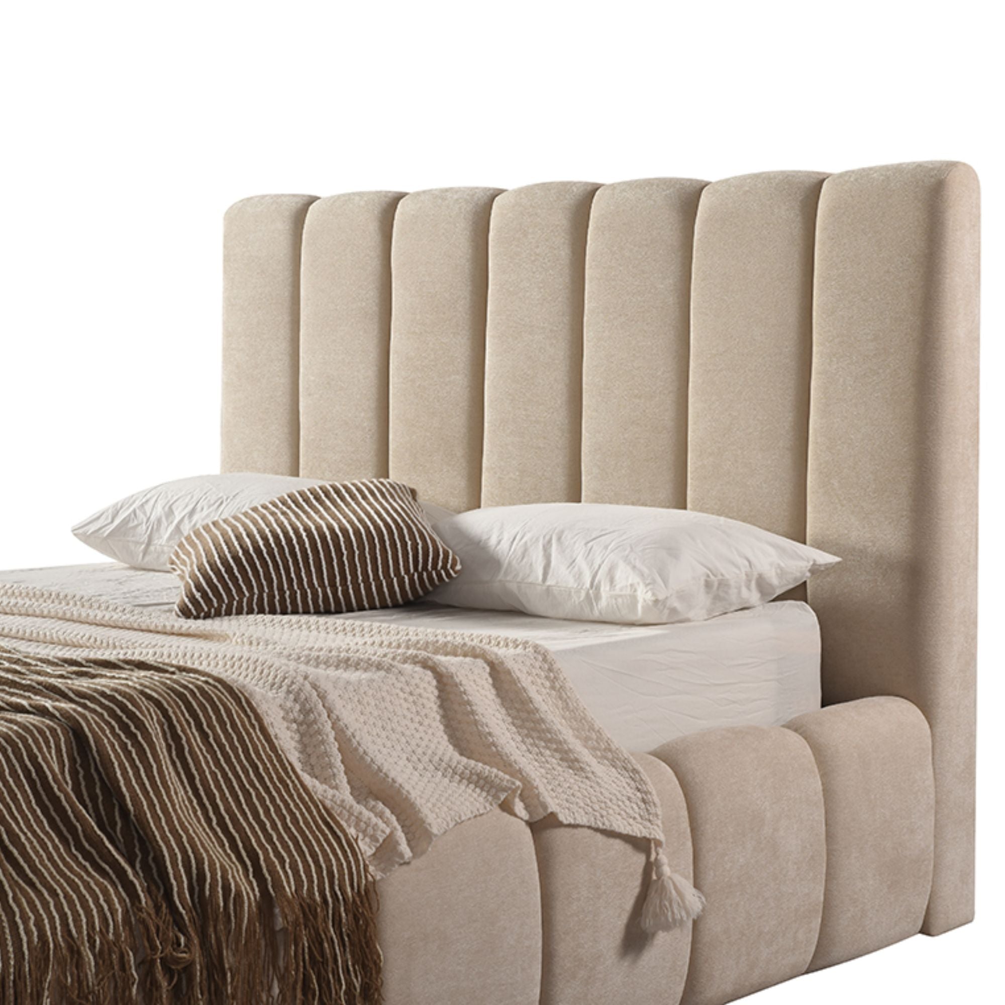 Brassex sandstone channel bed platform bed with sleek design, showcasing a modern bedroom furniture piece with clean lines and neutral tones.