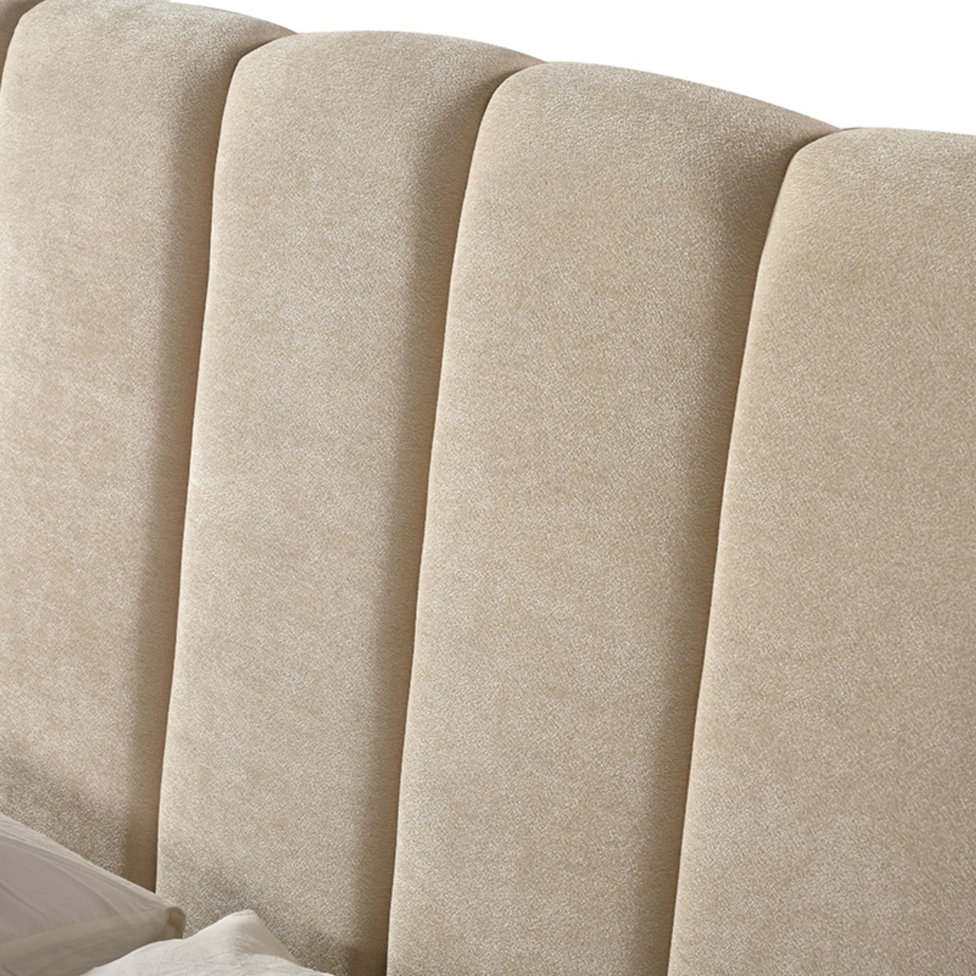 Brassex sandstone channel bed platform bed with sleek design, featuring a modern look and sturdy construction for bedroom decor.