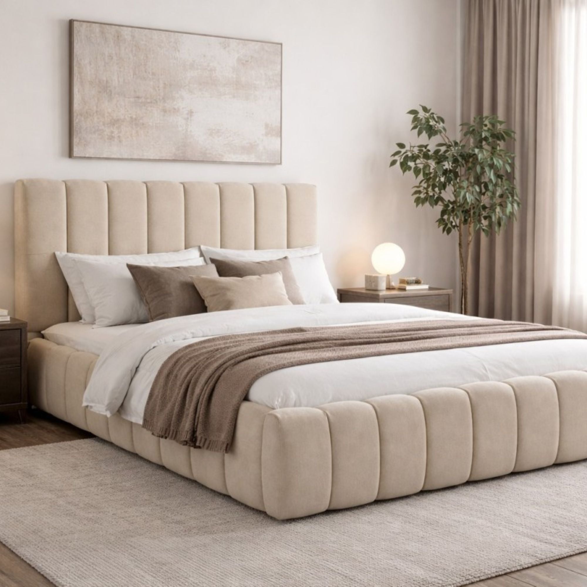 Brassex sandstone channel bed platform bed with sleek design and modern style, shown from a side view.