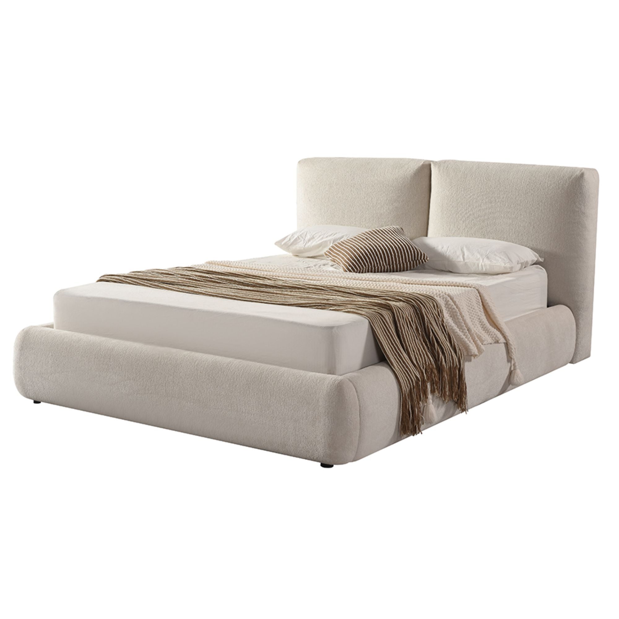 Beige modern platform bed with a sleek silhouette and clean lines, made by Brassex, shown from a side angle in a contemporary bedroom setting.