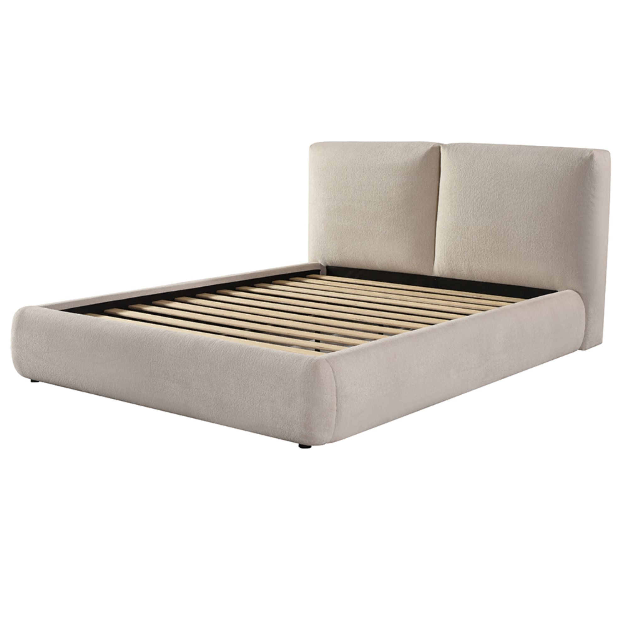 Beige silhouette modern platform bed by Brassex with a sleek, minimalist design and clean lines, shown from a side angle.