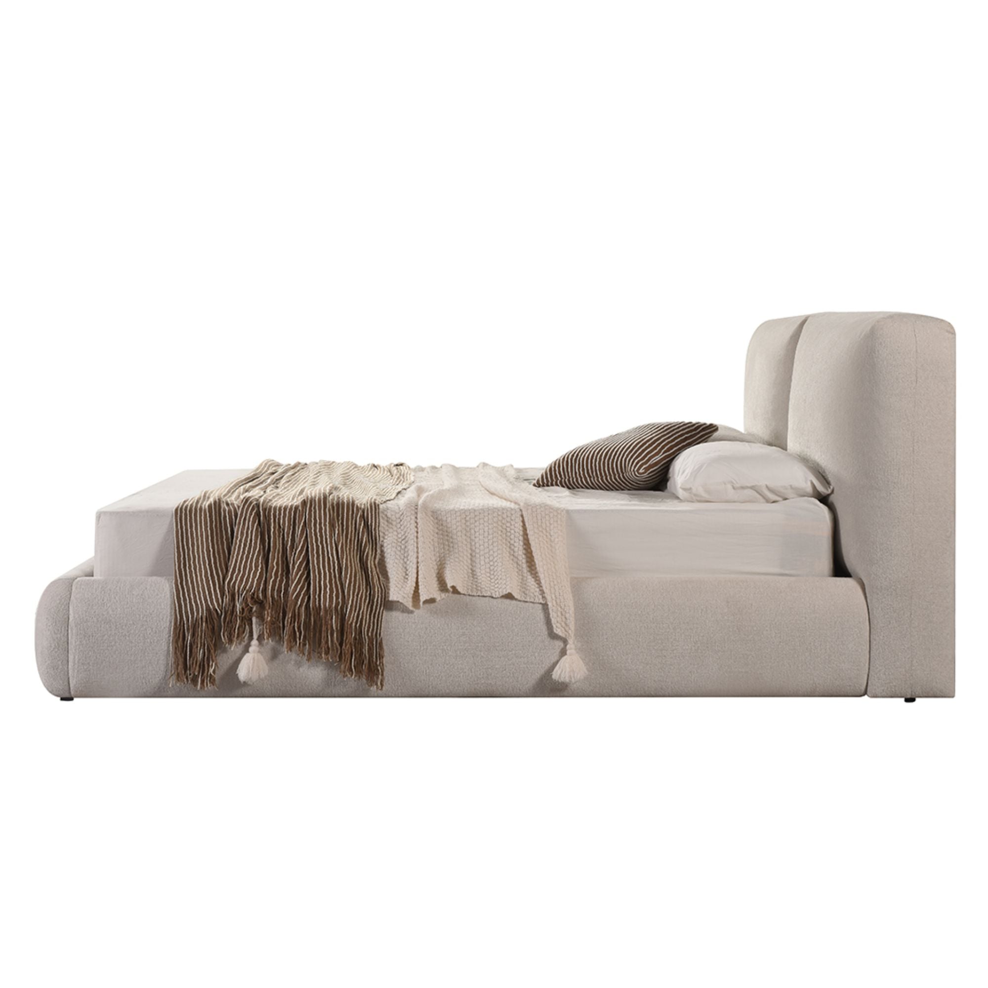 Beige silhouette modern platform bed by Brassex with clean lines and a sleek design, shown from a front angle.