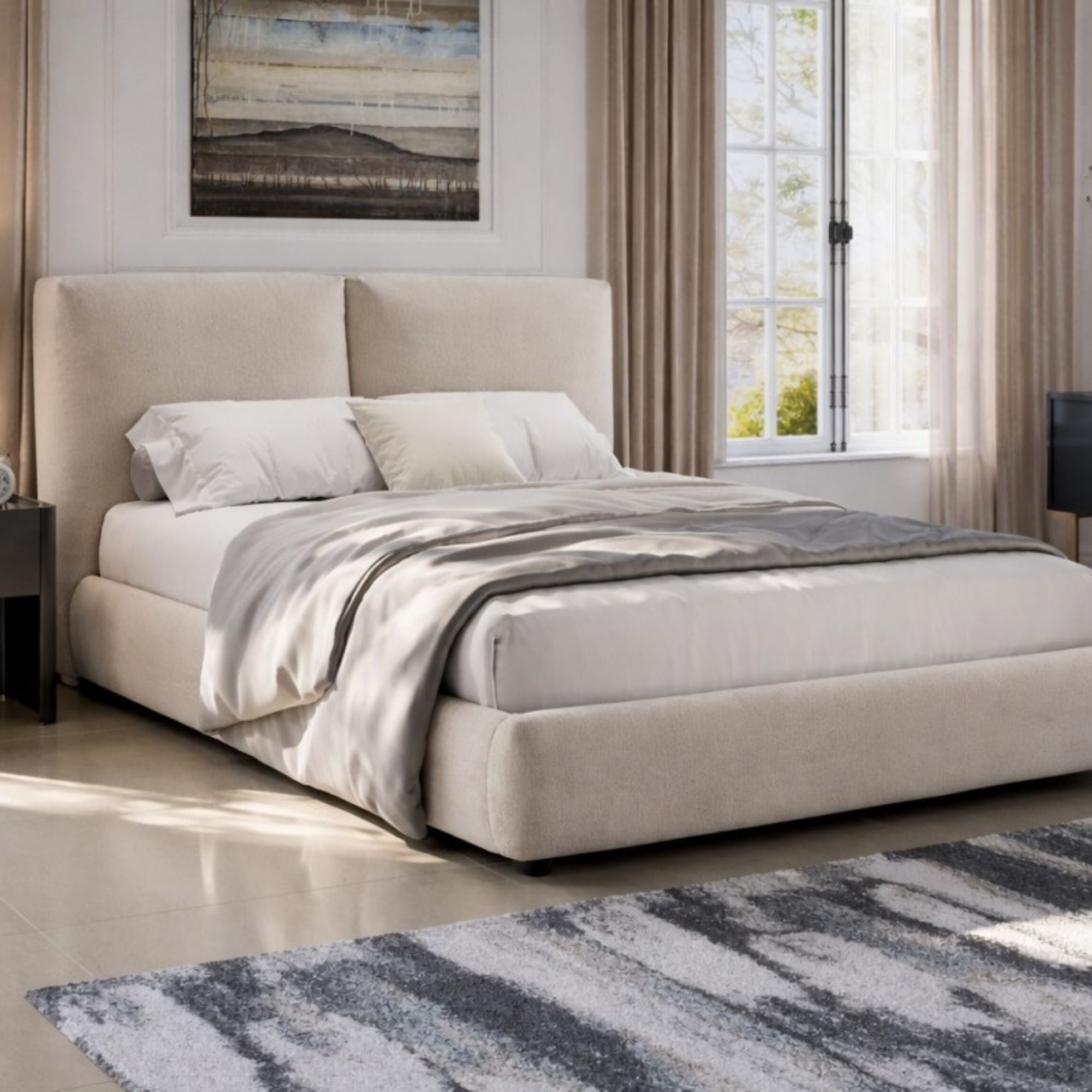 Beige silhouette modern platform bed by Brassex with a sleek design and clean lines, shown from a side angle in a bedroom setting.