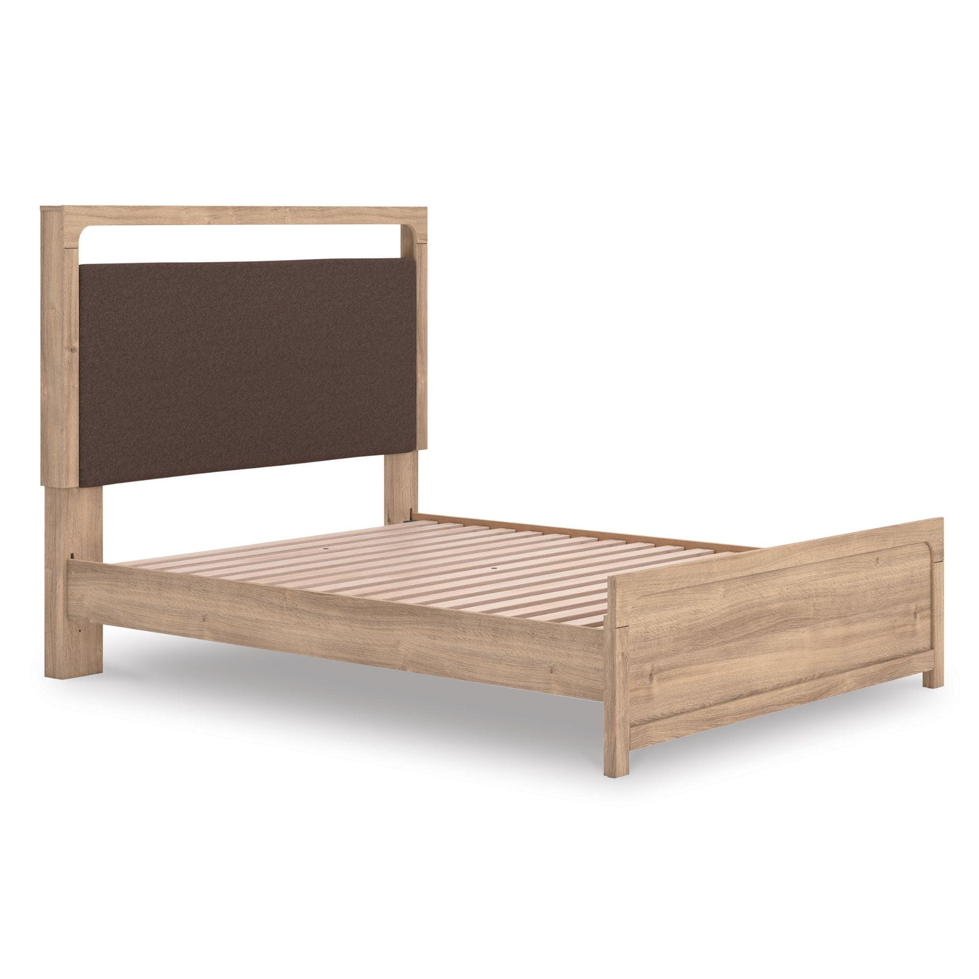 Signature Ashley Kinlanni upholstered platform bed in tan with a plush headboard and modern design for a cozy bedroom look.