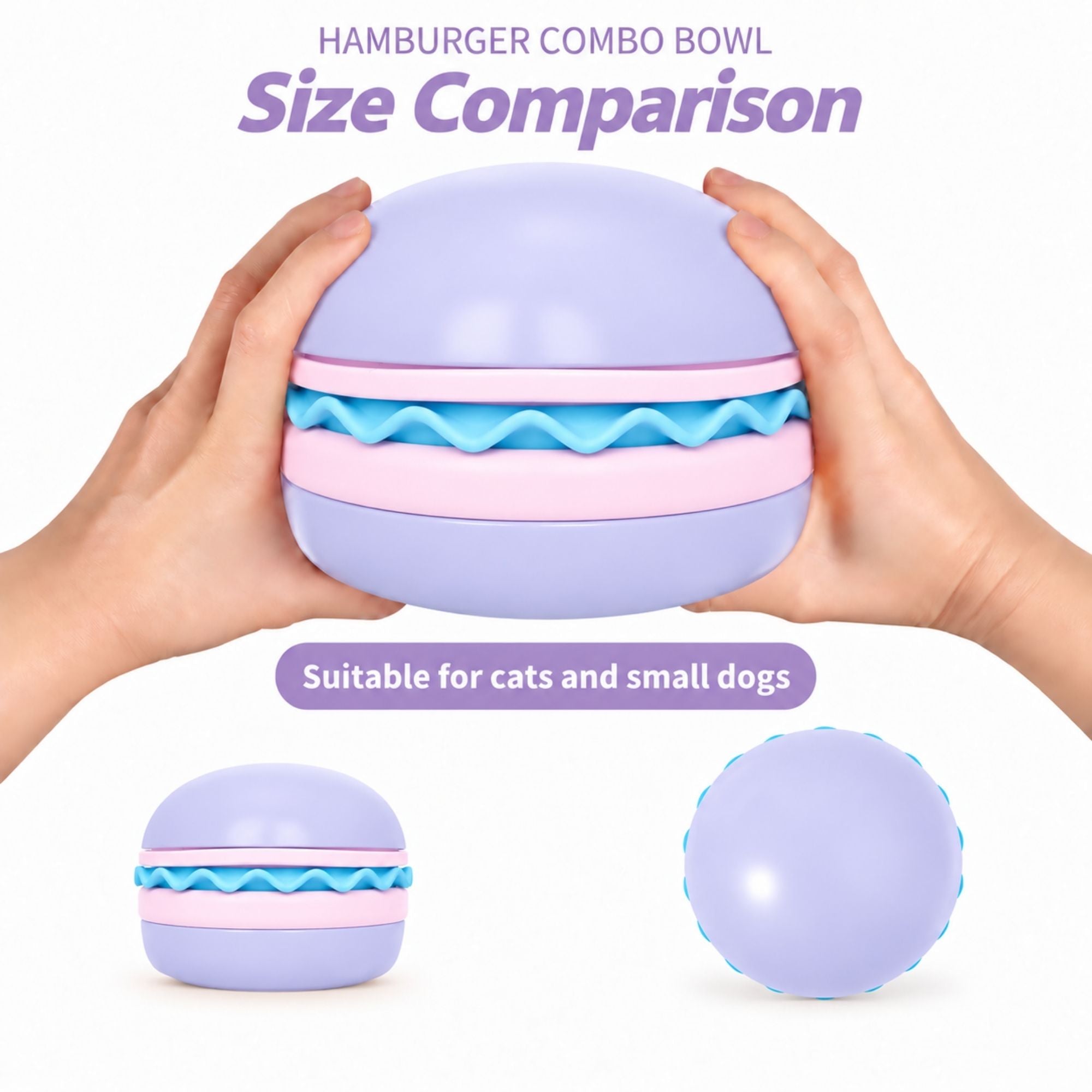 Purple hamburger-shaped slow feeder pet bowl by Superdesign, branded CastleUp Experience Centre