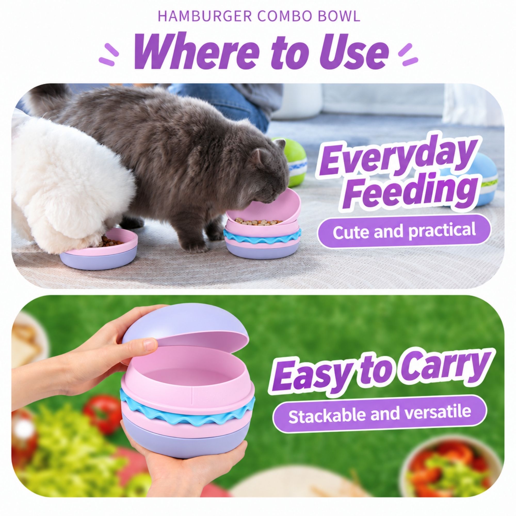 Purple hamburger-shaped slow feeder pet bowl by Superdesign for dogs and cats