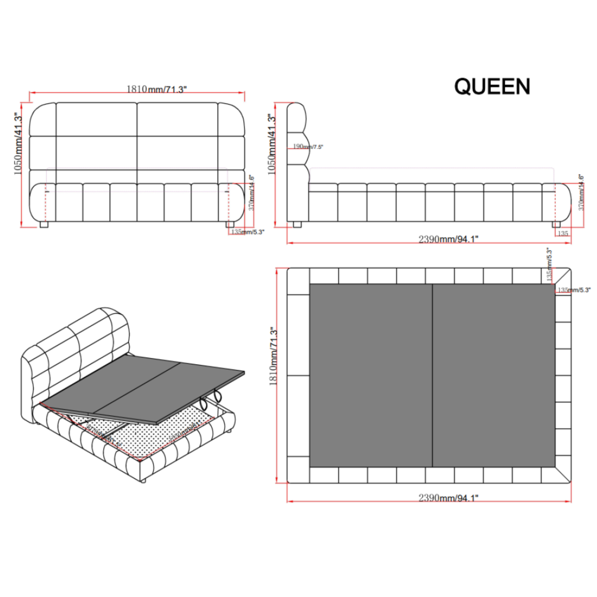 Beige Aurelia upholstered lift storage bed by Brassex with a queen size frame, featuring padded headboard and built-in storage drawers.