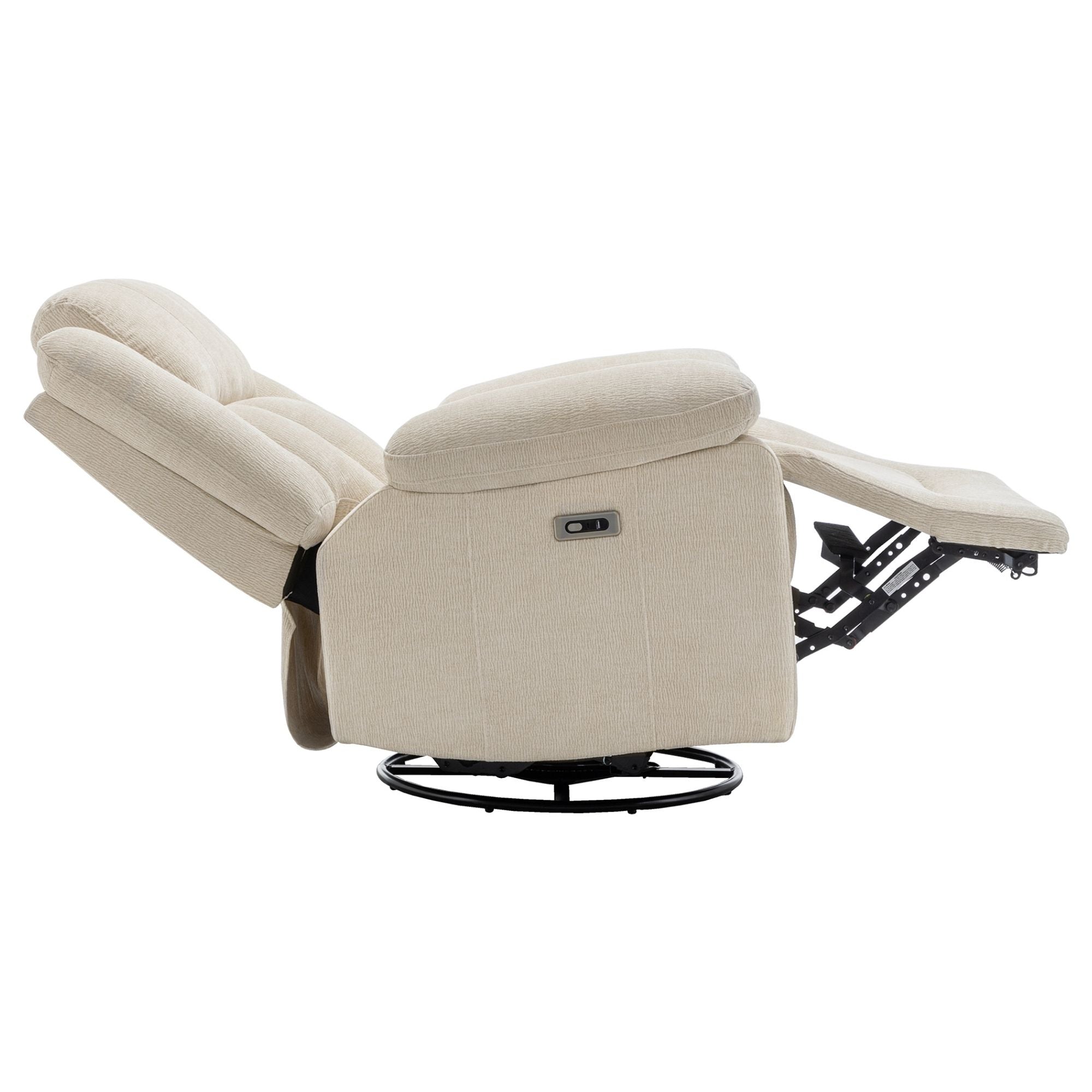 Beige Monarch Specialties Royale Power Swivel Glider Recliner with USB port showing plush cushioned seat and armrests.