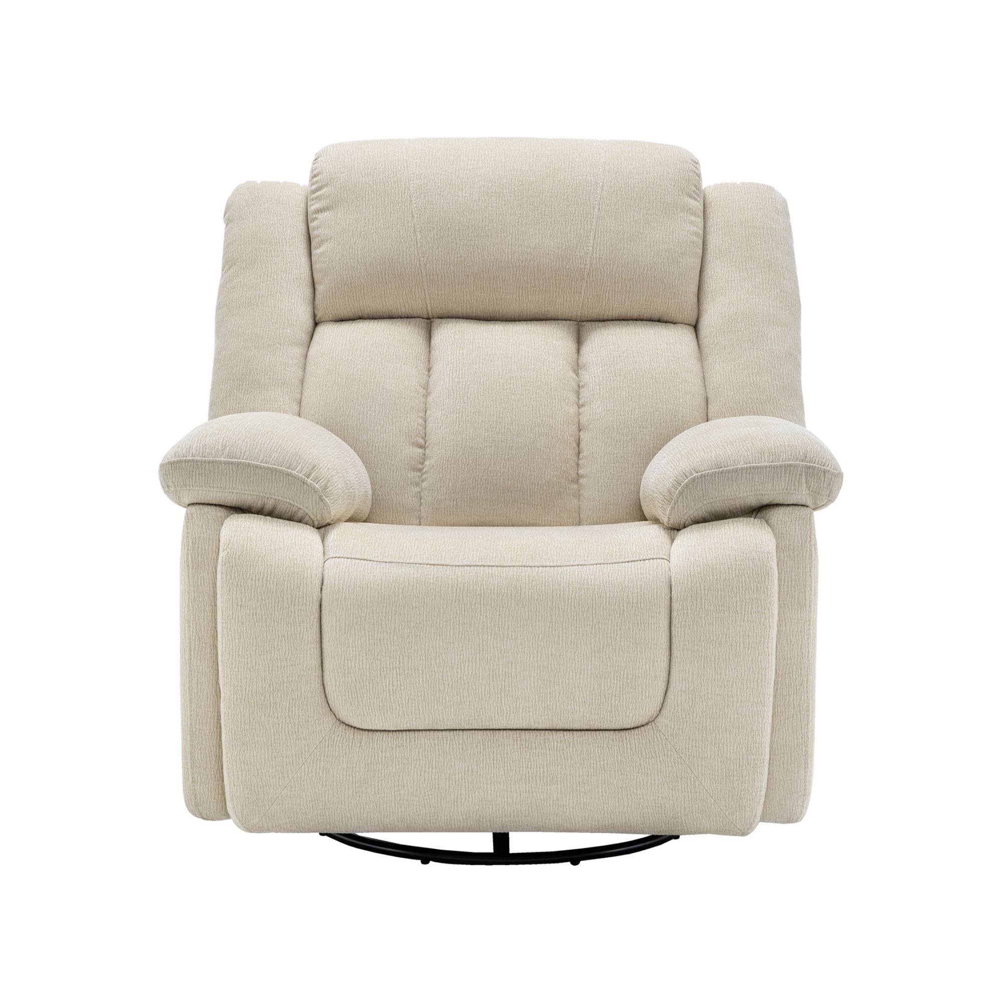 Beige Monarch Specialties Royale Power Swivel Glider Recliner with USB port, showing plush cushioned armrests and reclining feature.