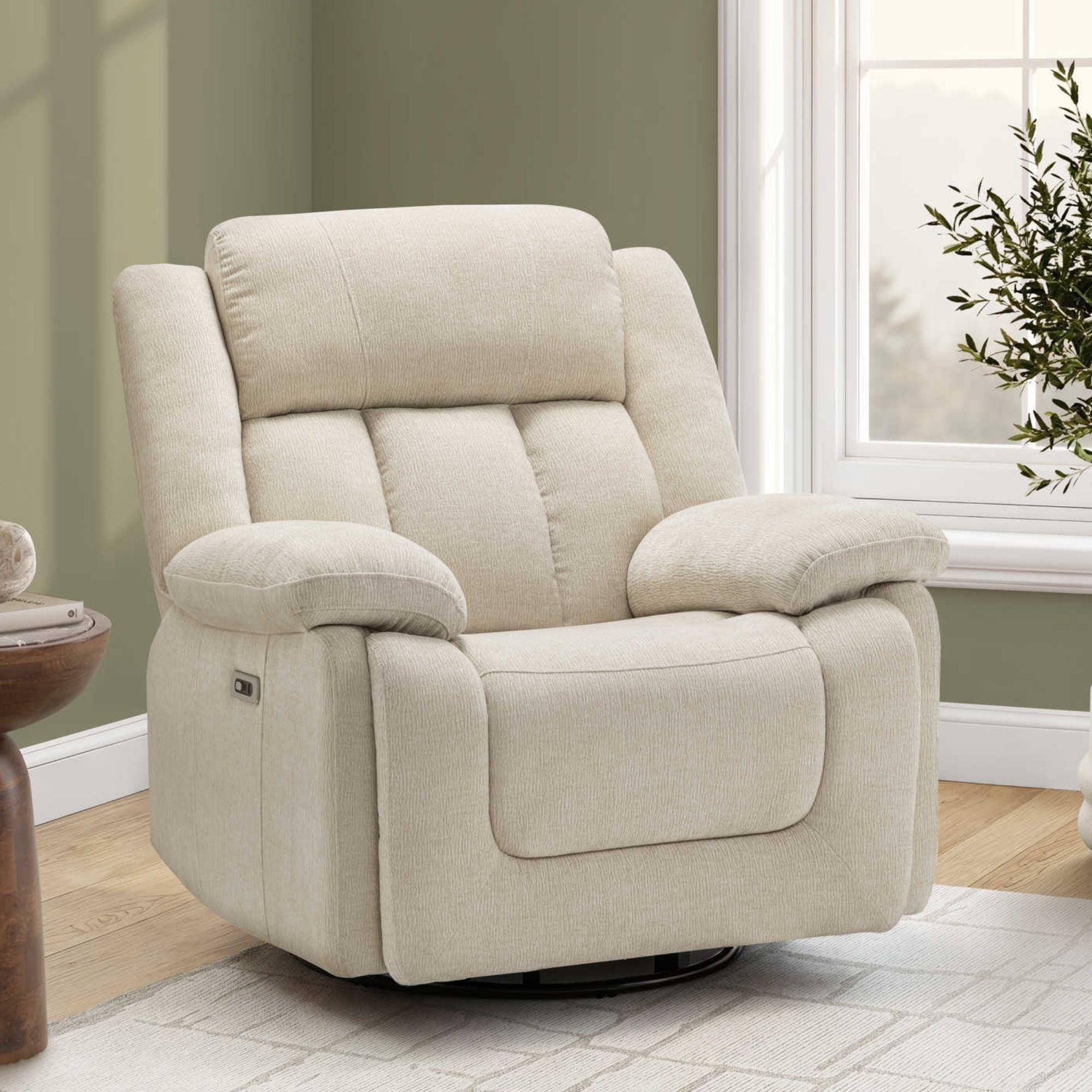 Beige Monarch Power Recliner Chair with swivel and glider features, includes built-in USB charging port for convenience.