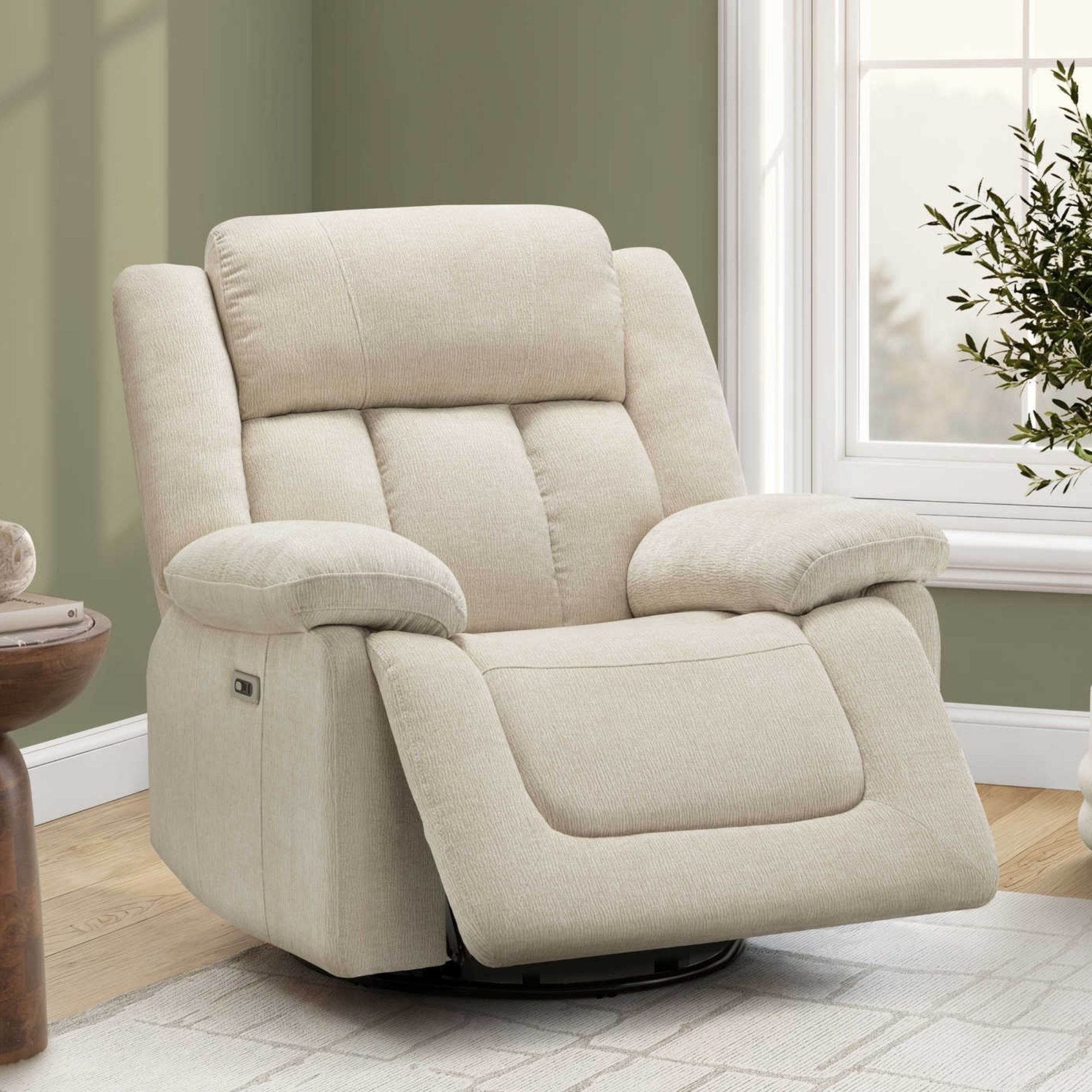 Beige Monarch Specialties Royale Power Swivel Glider Recliner with USB port, showcasing plush upholstery and ergonomic design.