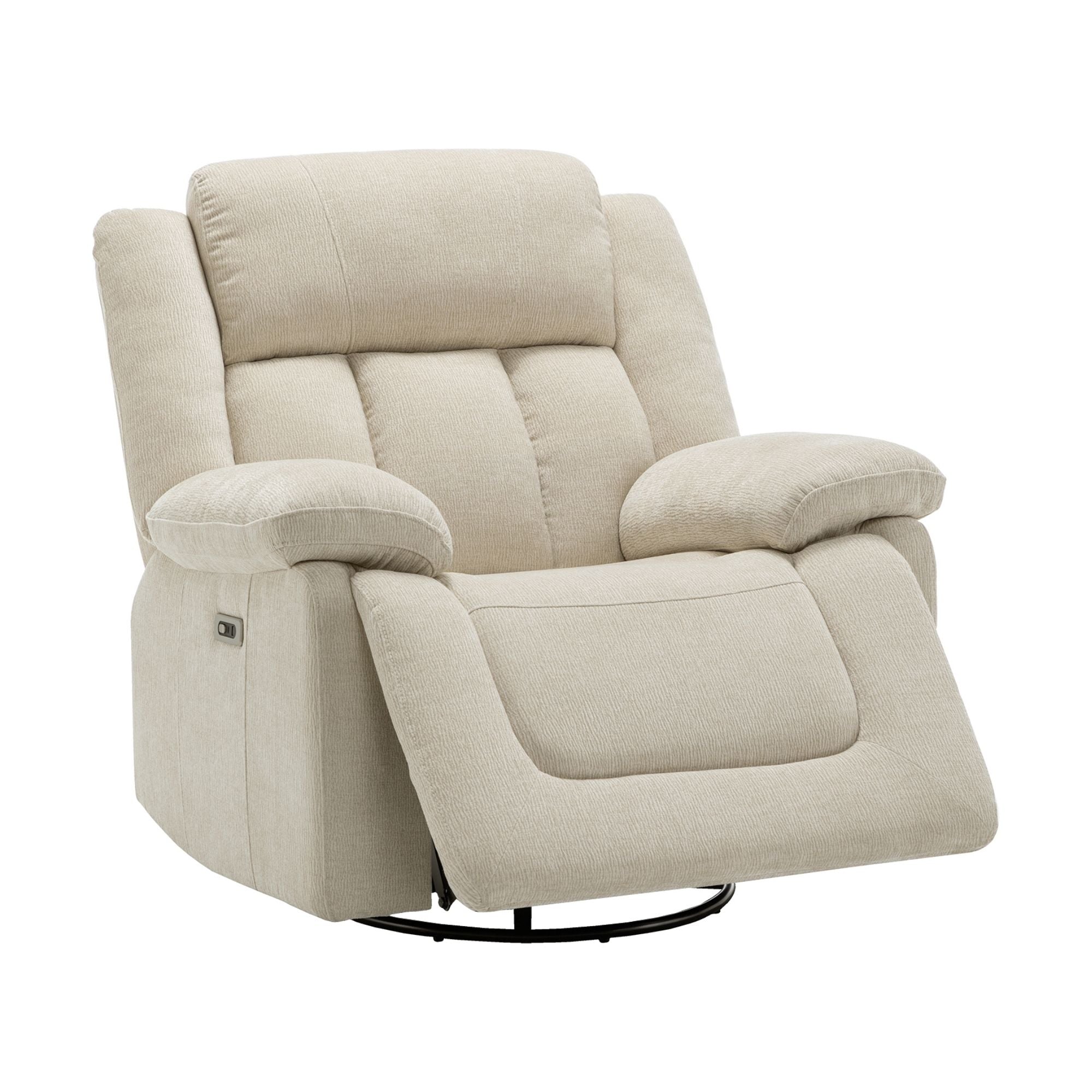 Beige Monarch Power Recliner Chair with swivel and glider features, includes built-in USB port for convenient charging.