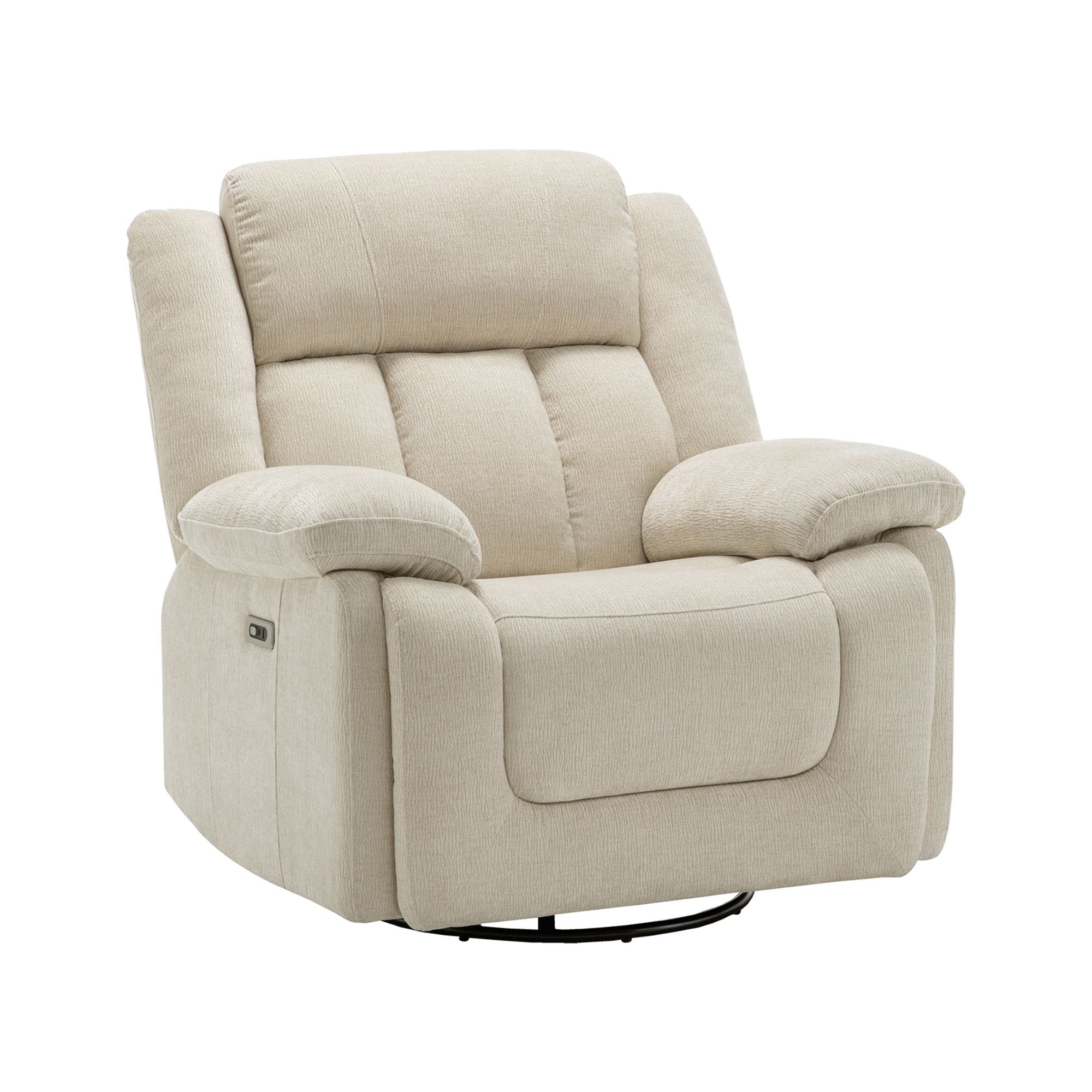 Beige Monarch Specialties Royale Power Swivel Glider Recliner with USB port, featuring plush cushioning and modern design.