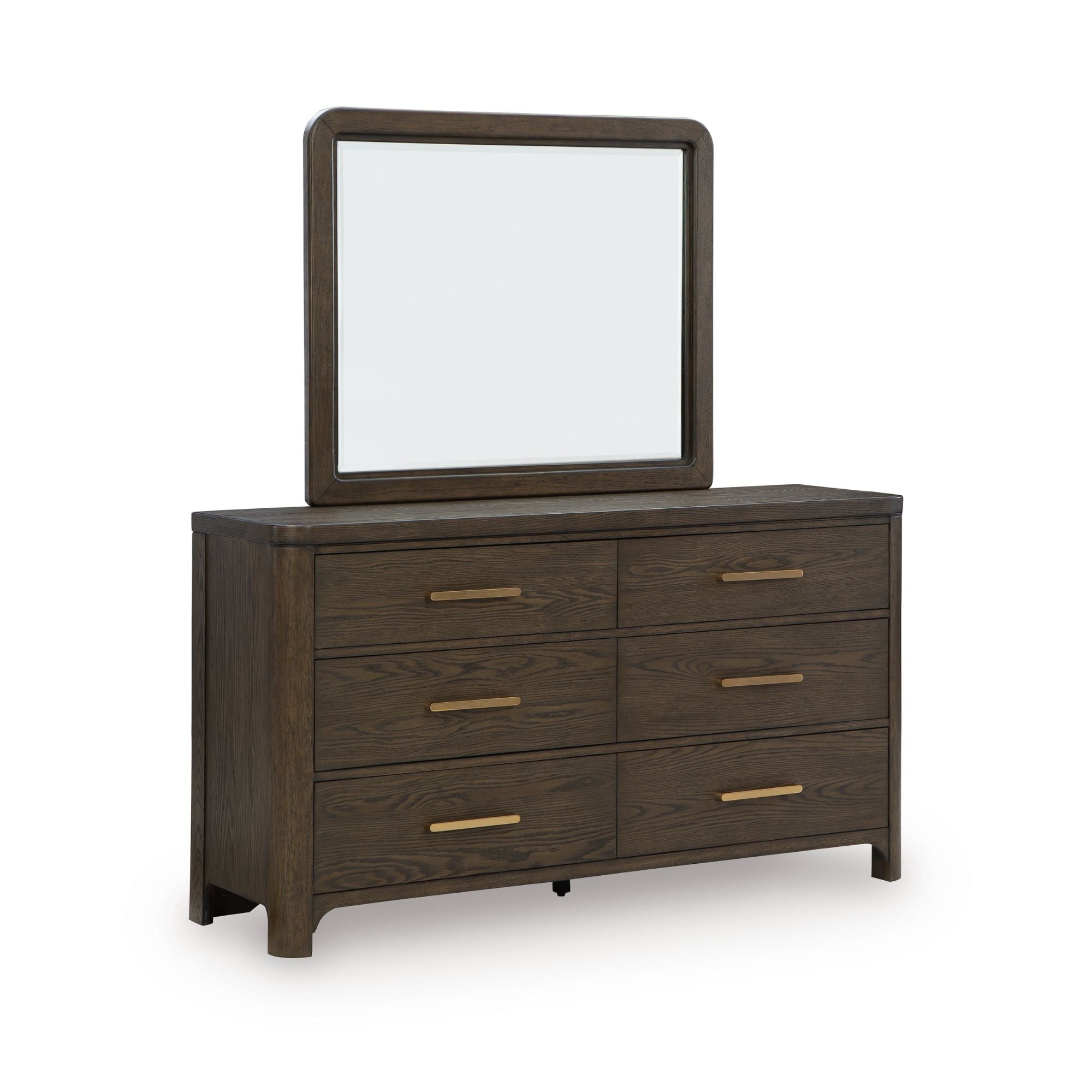 Signature Design by Ashley Radkin dresser with matching mirror, featuring wood finish and modern storage drawers in a bedroom setting.