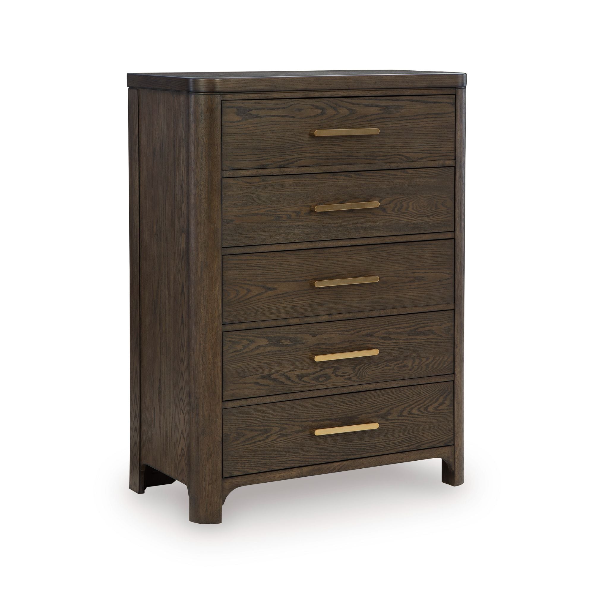 Signature Design by Ashley Radkin five-drawer chest in a stylish bedroom setting with dark wood finish and modern hardware.