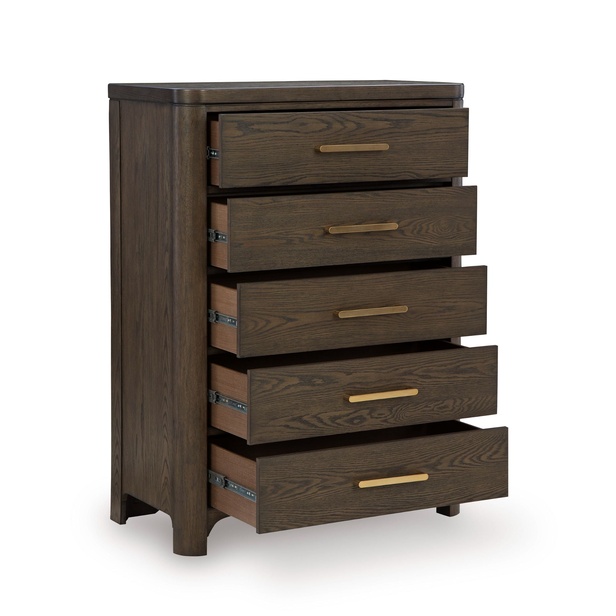 Signature Design by Ashley Radkin five-drawer chest with sleek wood finish and modern hardware for stylish bedroom storage.