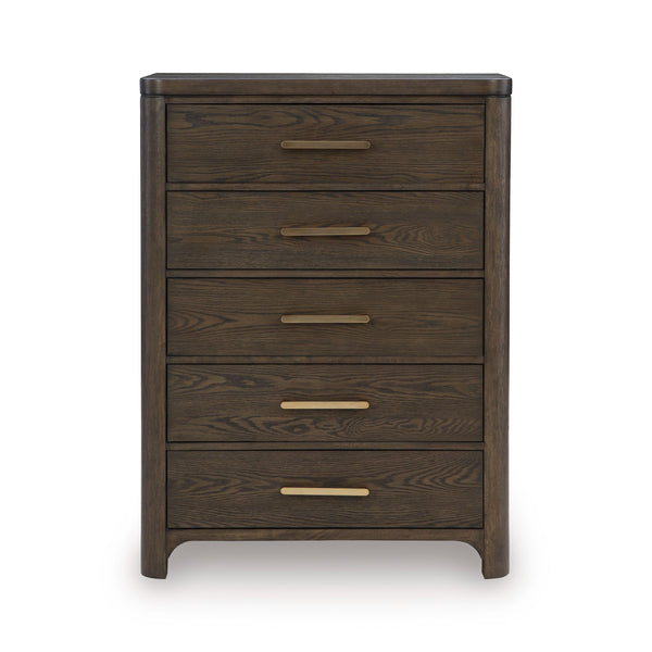 Radkin five-drawer chest from Signature Design by Ashley, showcasing a wooden bedroom storage piece with sleek drawer pulls.