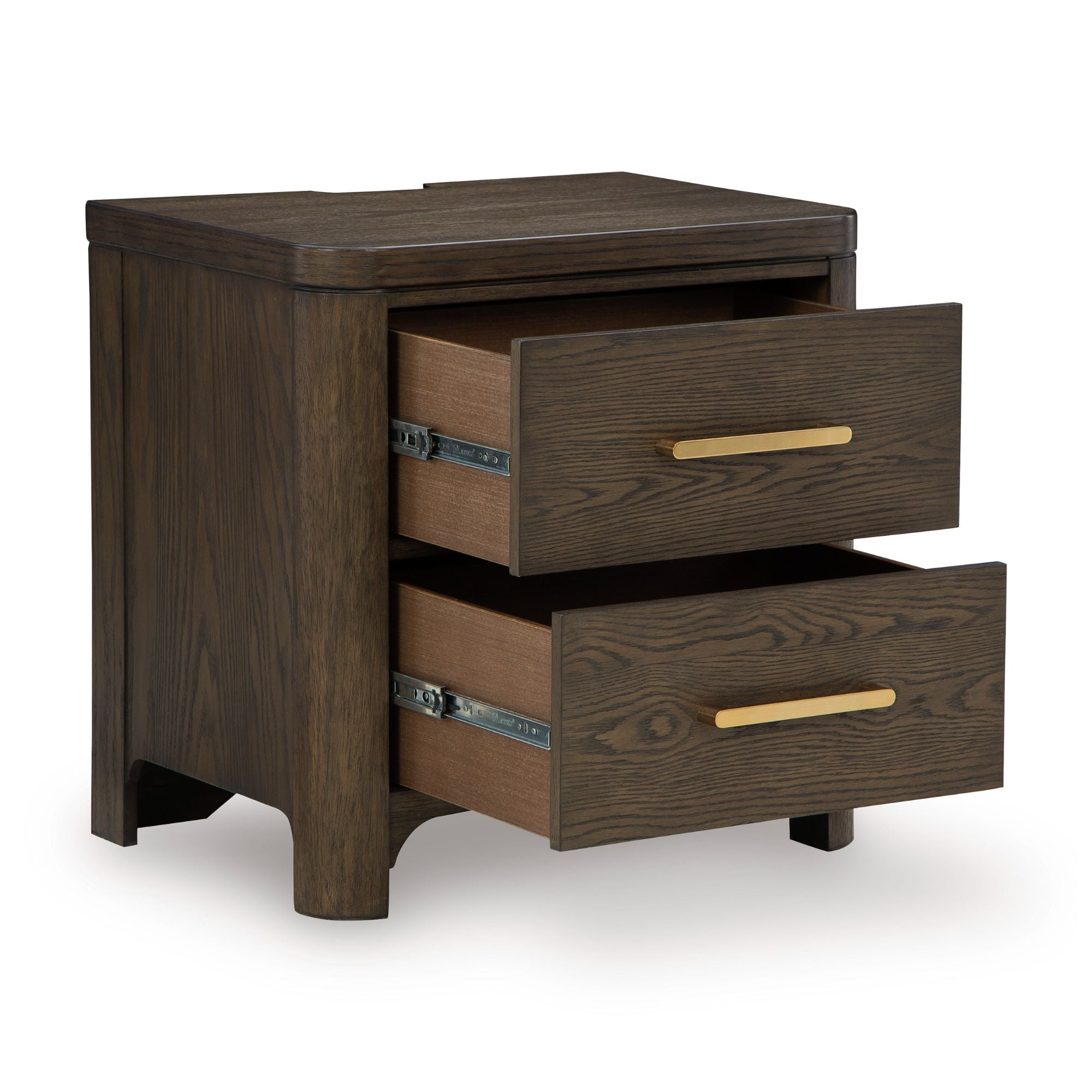 Radkin two-drawer nightstand from Signature Design by Ashley in a bedroom setting, showcasing wood finish and modern style.