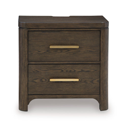 Radkin two-drawer nightstand from Signature Design by Ashley, featuring a sleek wood finish and modern bedroom storage.