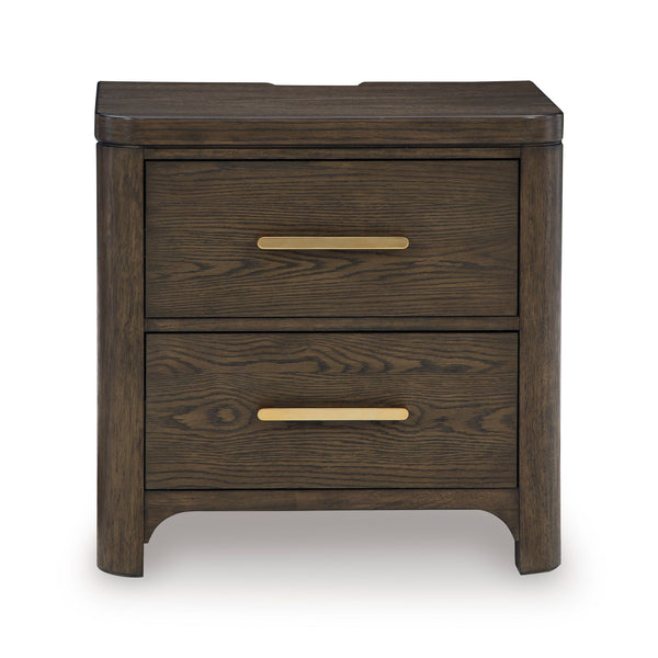 Radkin two-drawer nightstand from Signature Design by Ashley, featuring a sleek wood finish and modern bedroom storage.
