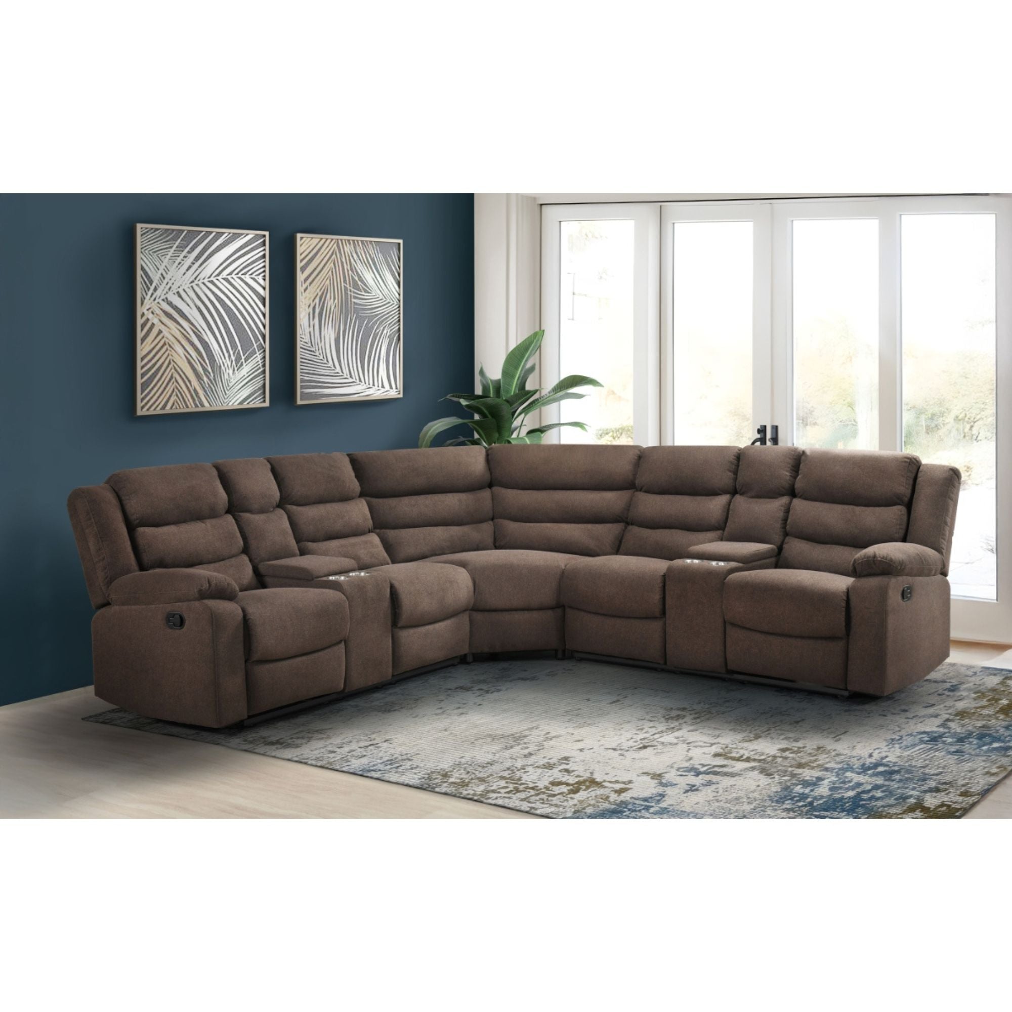 MAZ Rahid Collection 3-piece reclining sectional sofa in brown fabric, featuring plush cushions and wide armrests.