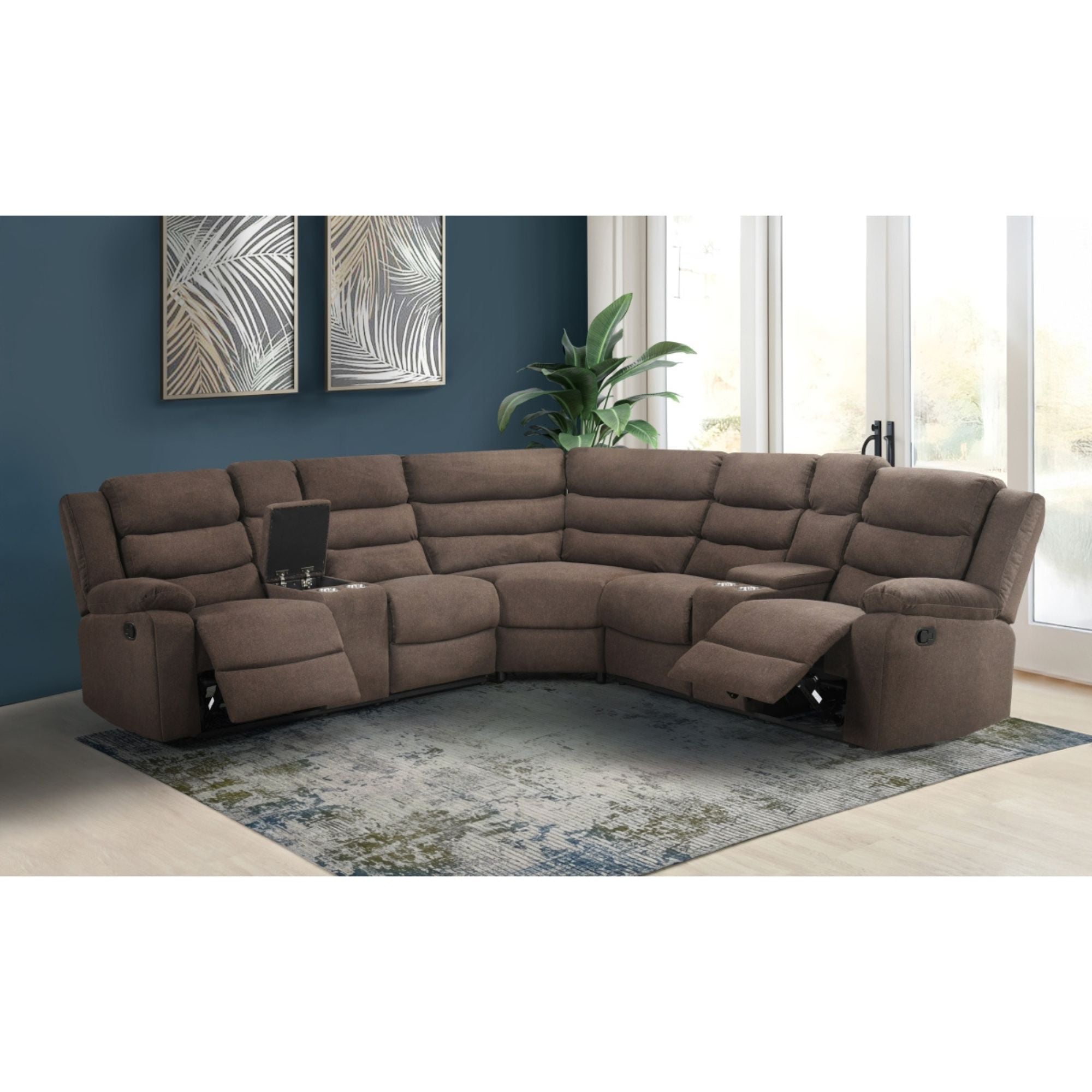 MAZ Rahid Collection 3-piece reclining sectional sofa in brown with plush cushions and wide armrests.