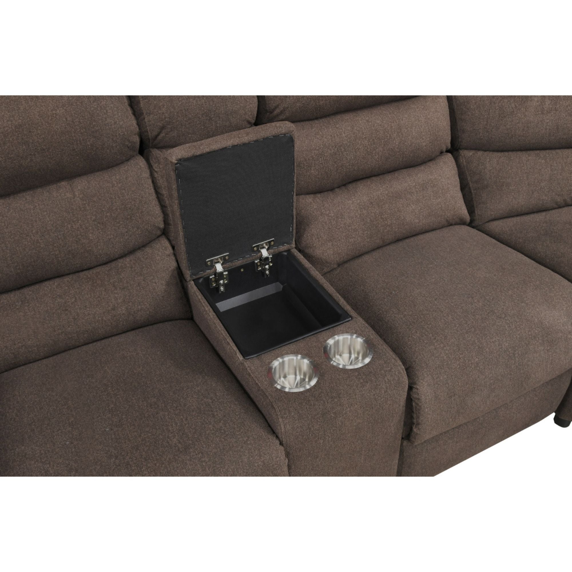 Mahogany brown MAZ Rahid Collection 3-piece reclining sectional sofa with plush cushions and wide armrests.