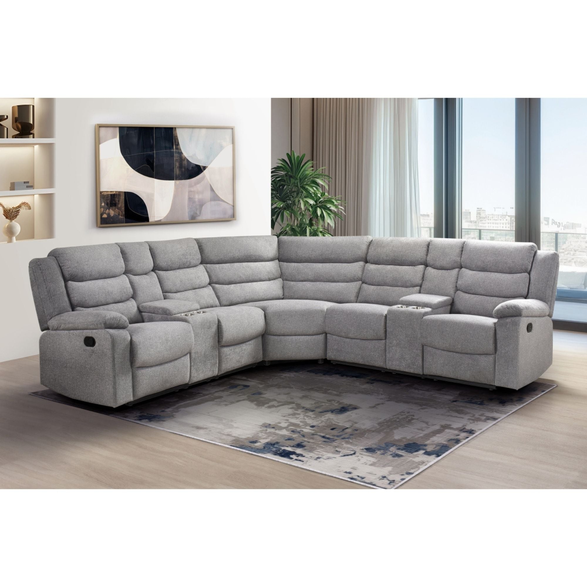 Grey MAZ Rahid Collection 3-piece reclining sectional sofa with plush cushions and reclining features, perfect for modern living rooms.