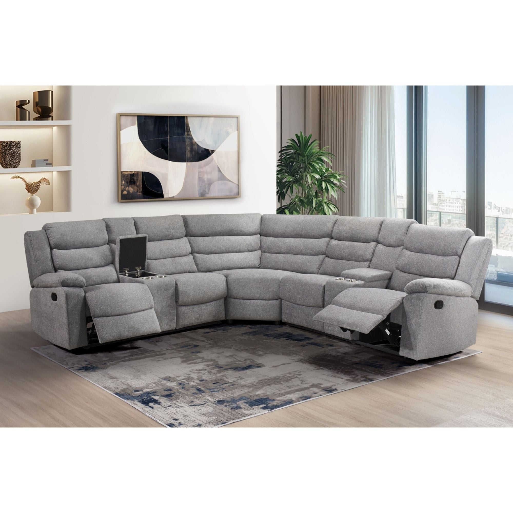MAZ Rahid Collection grey 3-piece reclining sectional sofa with plush cushions and modern design, ideal for spacious living rooms.