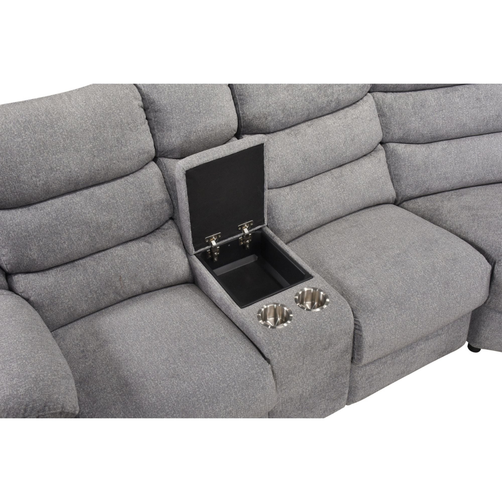Gray Rahid Collection 3-piece reclining sectional sofa by MAZ, with plush cushions and reclining features.