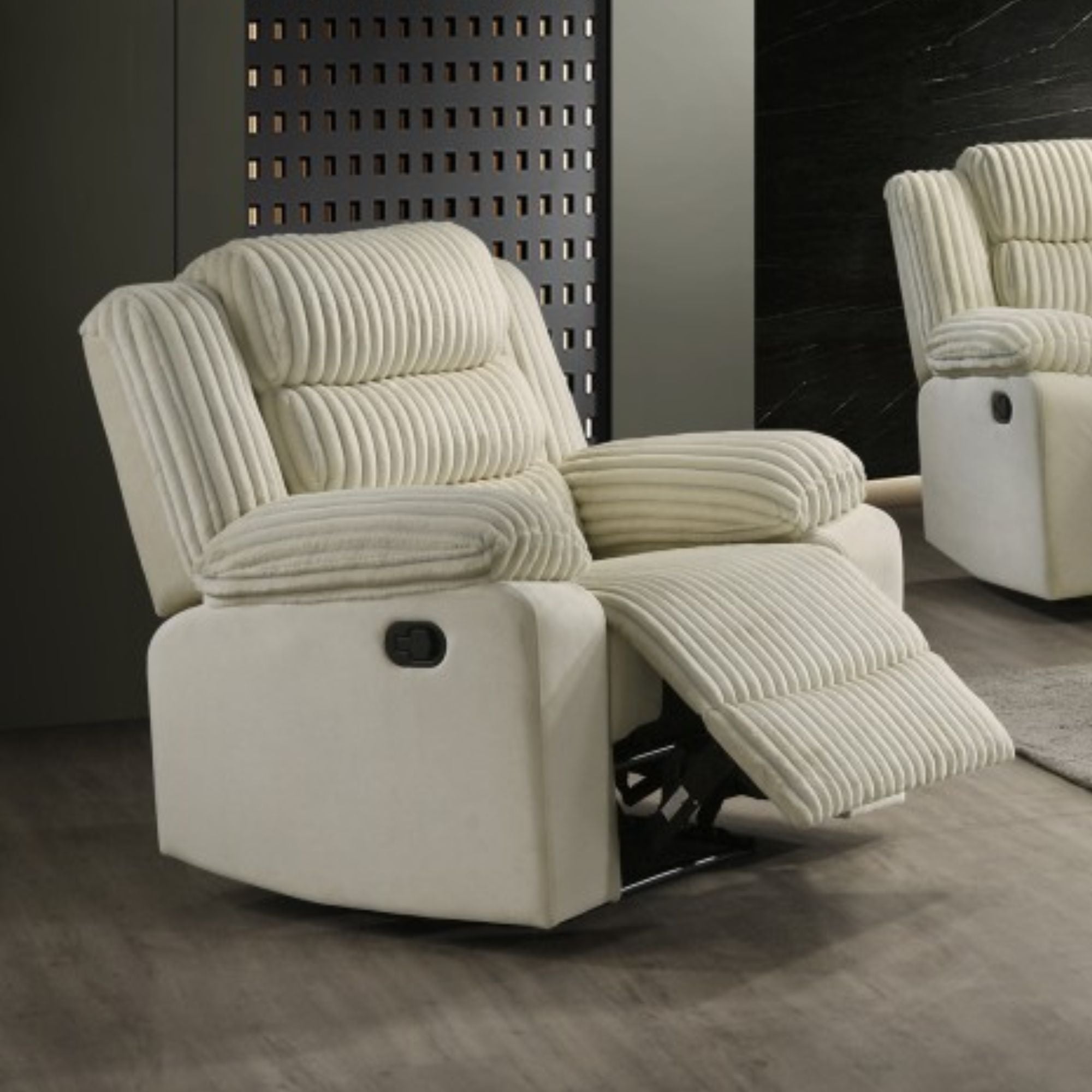 Cream Brassex recliner chair with plush cushioning and wooden armrests, shown from a side view.