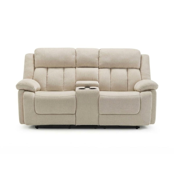 Beige Monarch Specialties Royale Comfort Power Reclining Loveseat with built-in console and USB ports, featuring plush cushions and armrests.