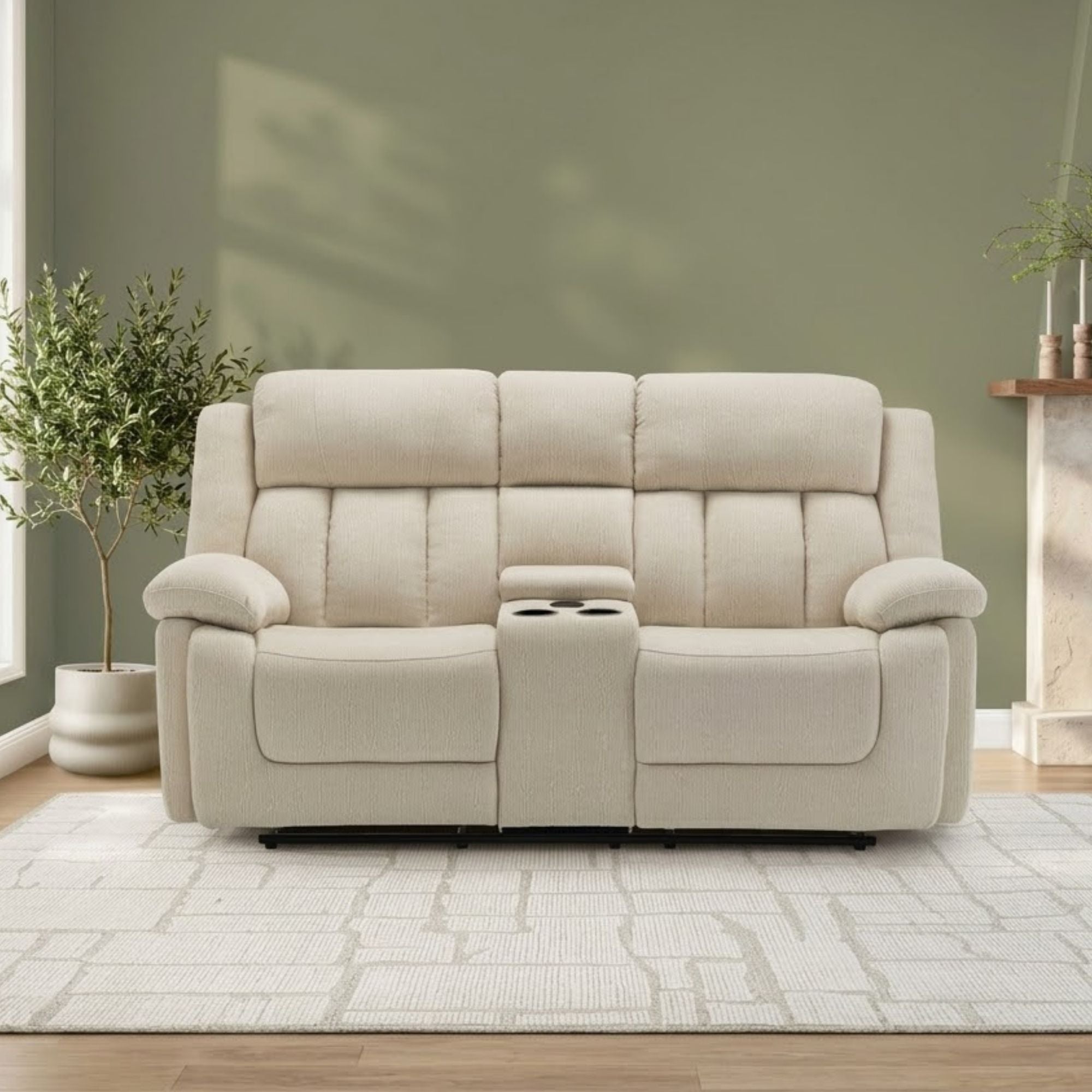 Beige Monarch Specialties Royale Comfort Power Reclining Loveseat with console and USB port, showing plush cushions and reclined position.