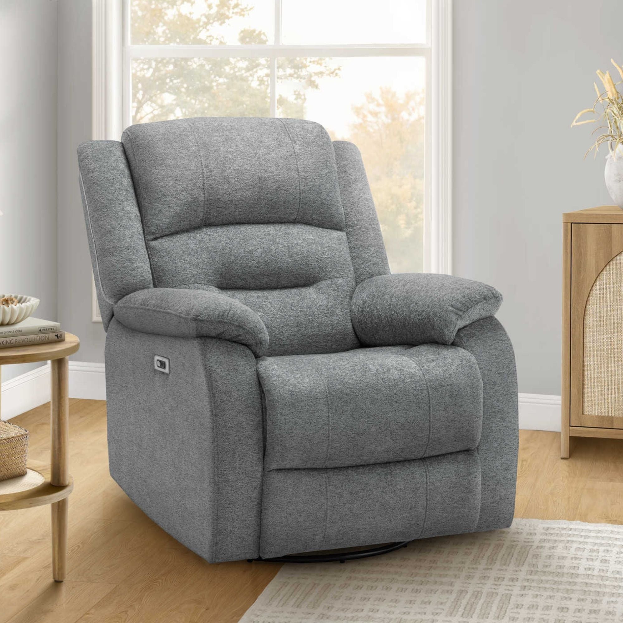 Grey Monarch Specialties power swivel glider recliner with USB port, featuring plush cushioning and modern design.