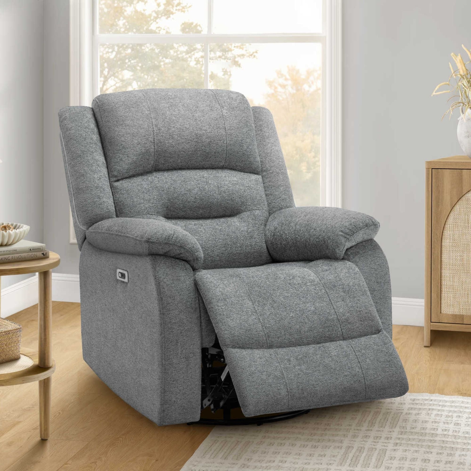Grey Monarch Specialties power swivel glider recliner chair with USB port, featuring plush cushioning and a modern design.