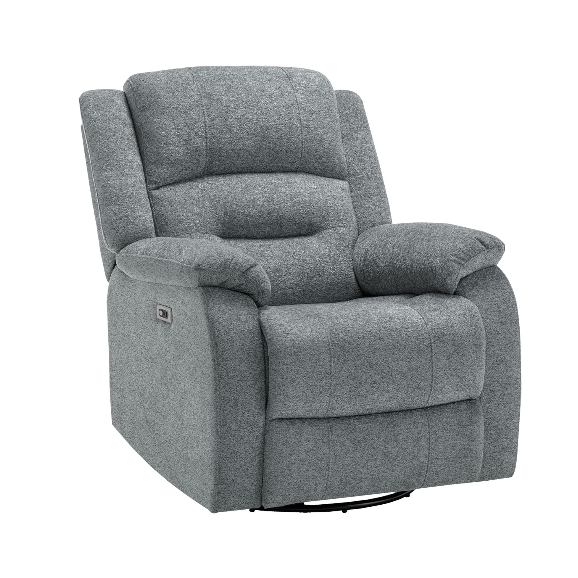 Grey Monarch Specialties power swivel glider recliner with USB port, featuring plush cushioning and modern design.