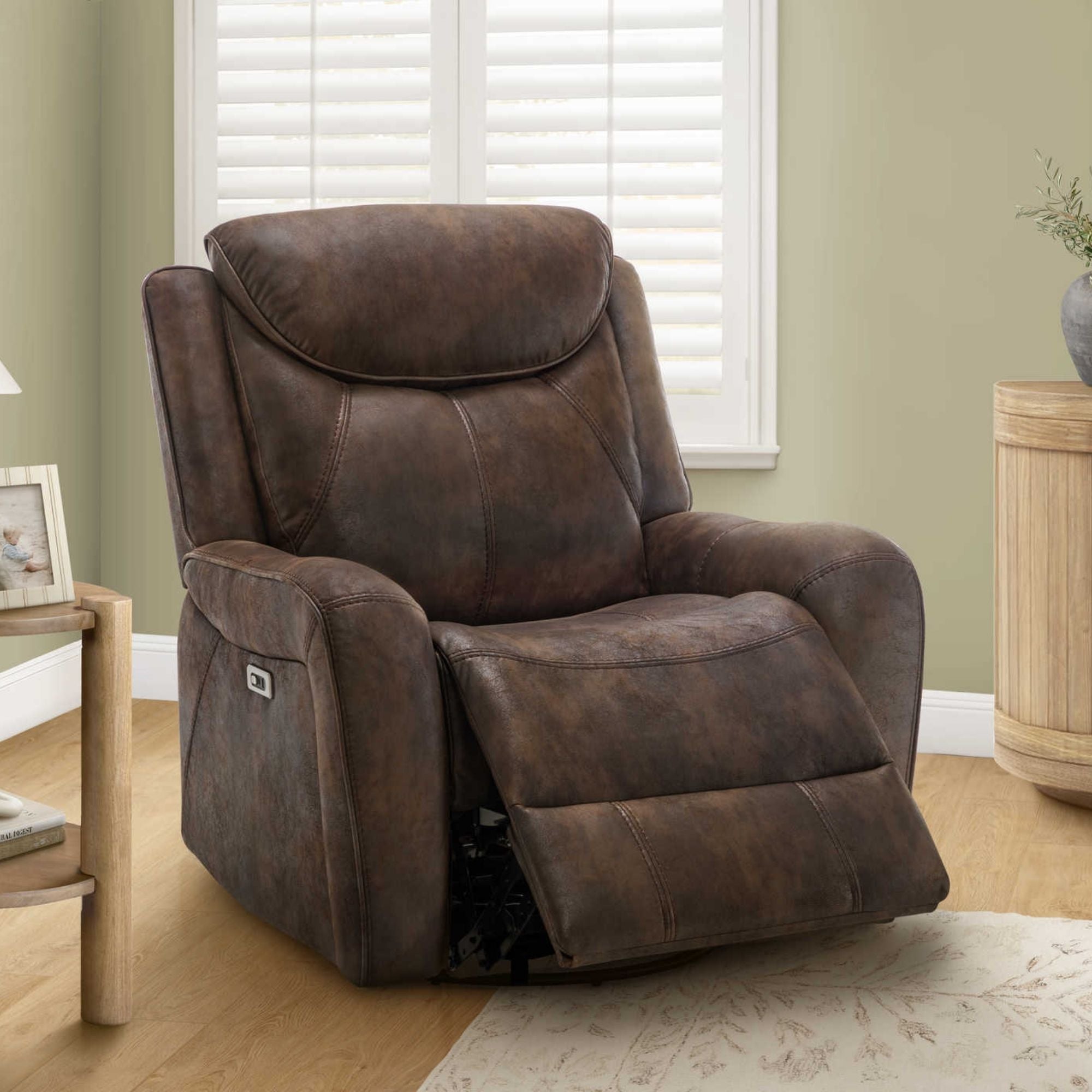 Monarch Specialties briarwood reclining chair with power swivel, glider, and built-in USB port, featuring plush upholstery and armrests.