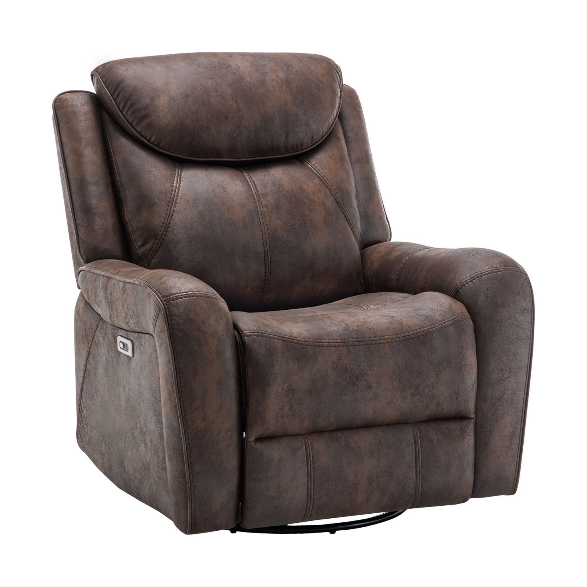 Monarch Specialties Briarwood reclining chair with power swivel, glider, and built-in USB port in dark brown upholstery.