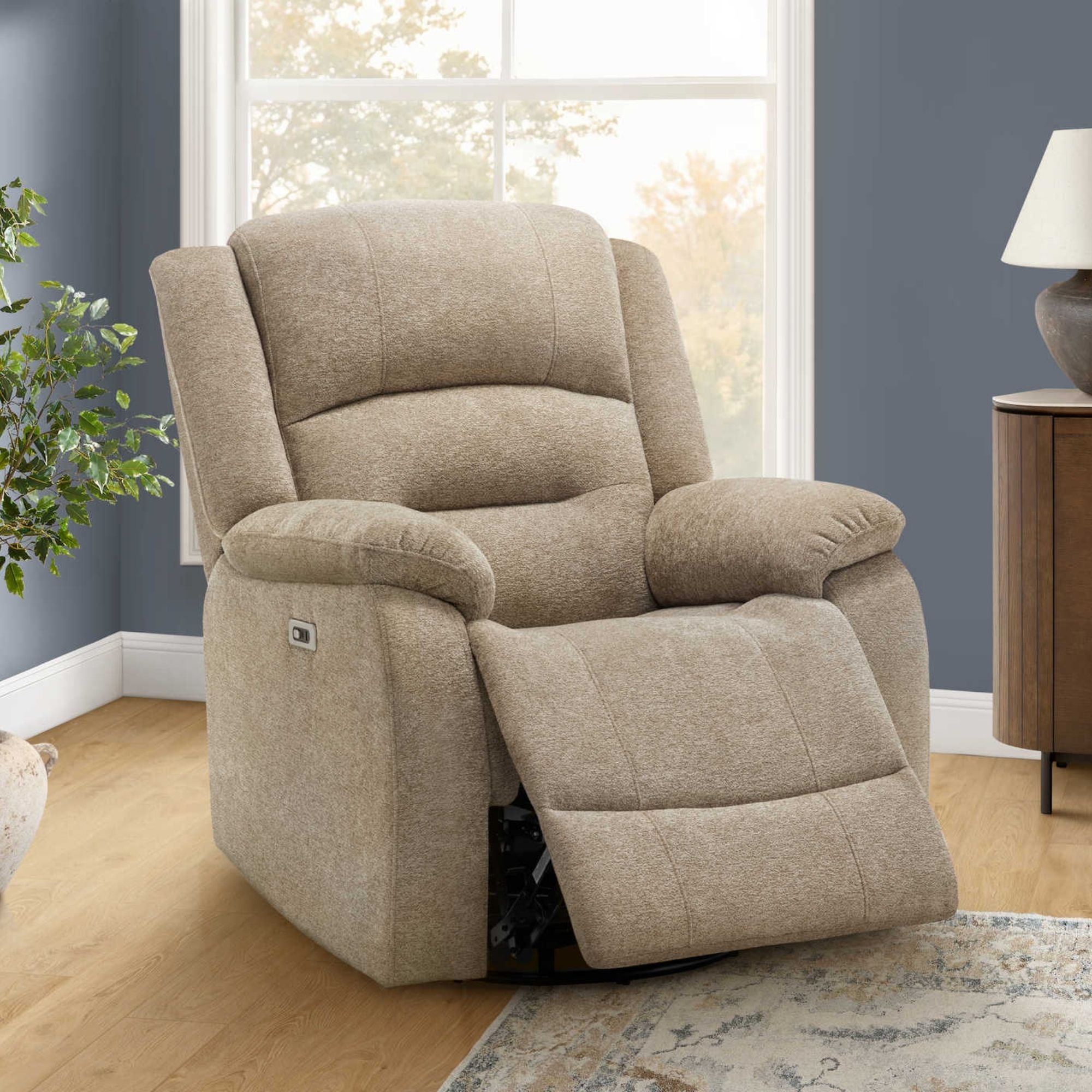 Beige Monarch Specialties power swivel glider recliner with USB port, showing plush cushioned seat and armrests for comfort.