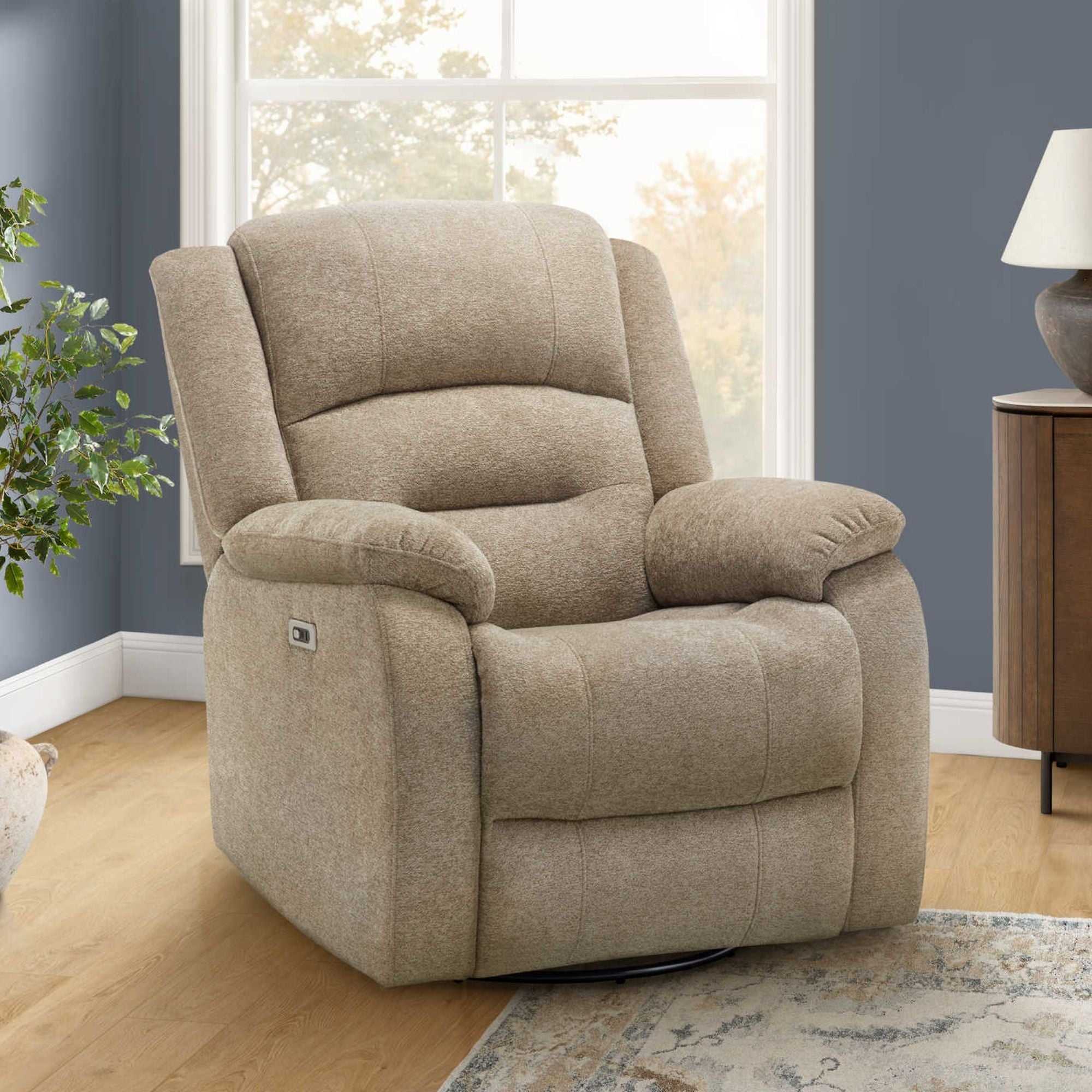 Beige Monarch Specialties power swivel glider recliner with USB port, padded armrests, and plush cushioning for comfortable seating.