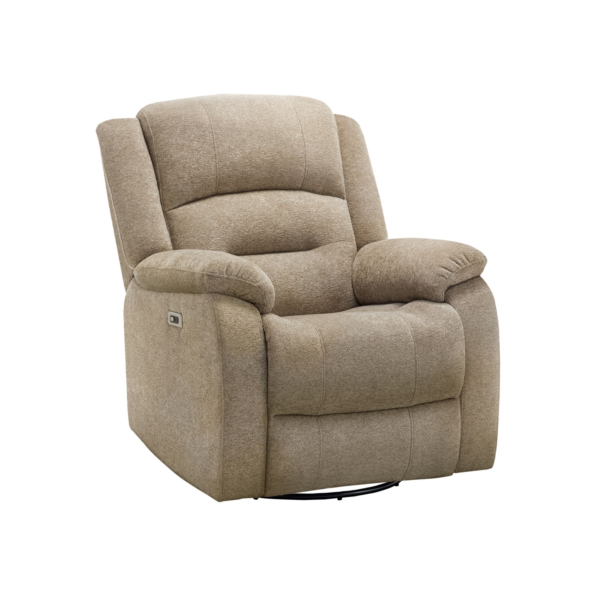 Beige Monarch Specialties power swivel glider recliner chair with USB port, featuring plush cushioning and a comfortable reclining design.