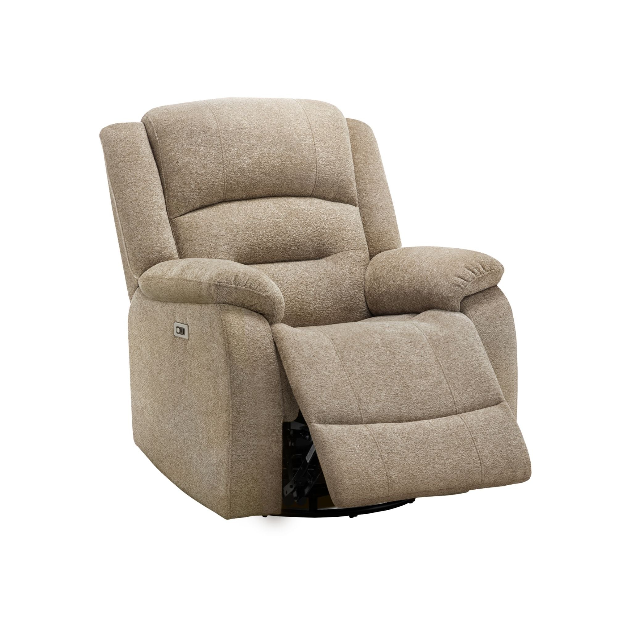 Beige Monarch Specialties power swivel glider recliner chair with USB port, showing plush cushioning and reclining mechanism.