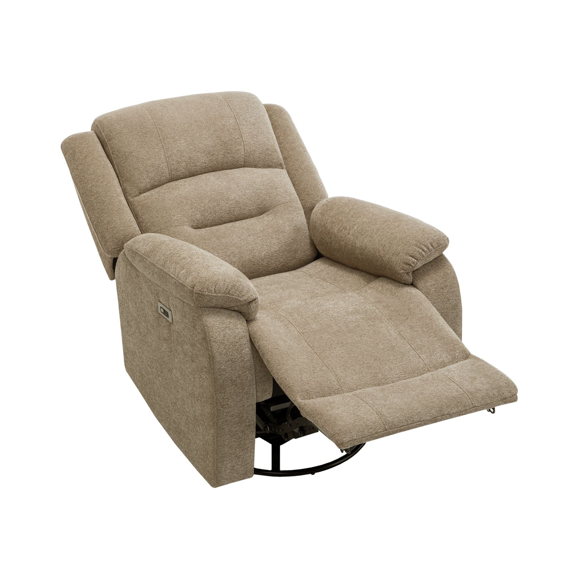 Beige Monarch Specialties power swivel glider recliner chair with USB port, showing plush cushioned seating and modern design.