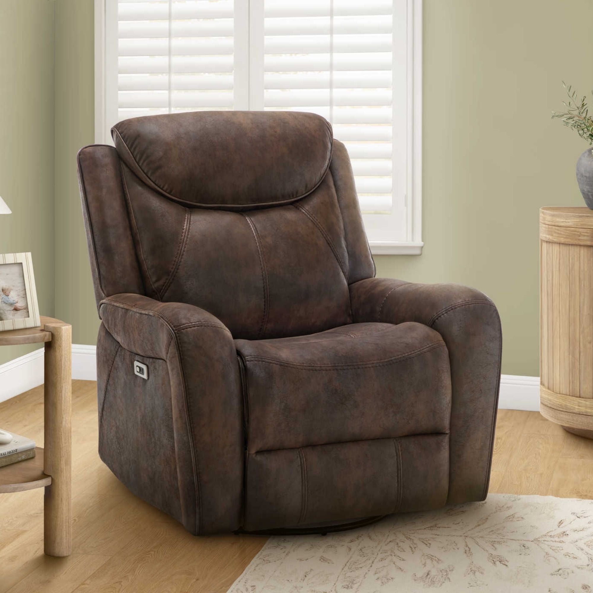 Monarch Specialties briarwood reclining chair with power swivel glider and built-in USB port, featuring plush upholstery and ergonomic design.
