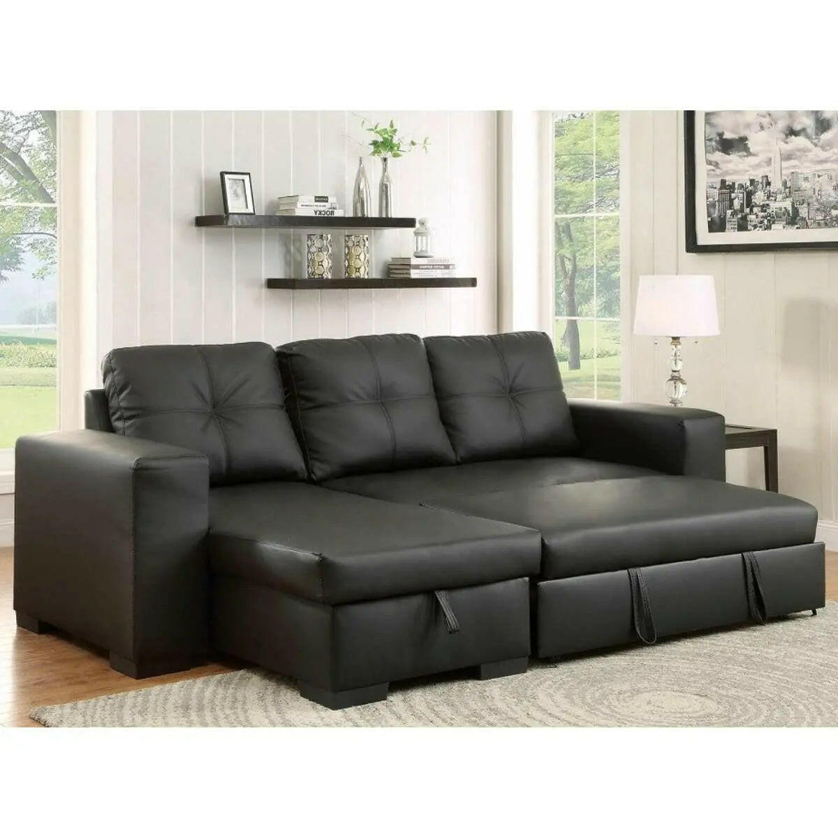 Black PU reversible sectional sleeper sofa with storage chaise by IFF, featuring a modern design and convertible sleeping space.