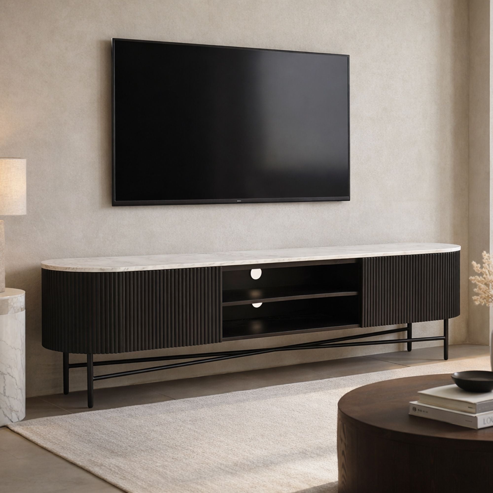Console 39" Reyna avec tiroirs en noyer et blanc