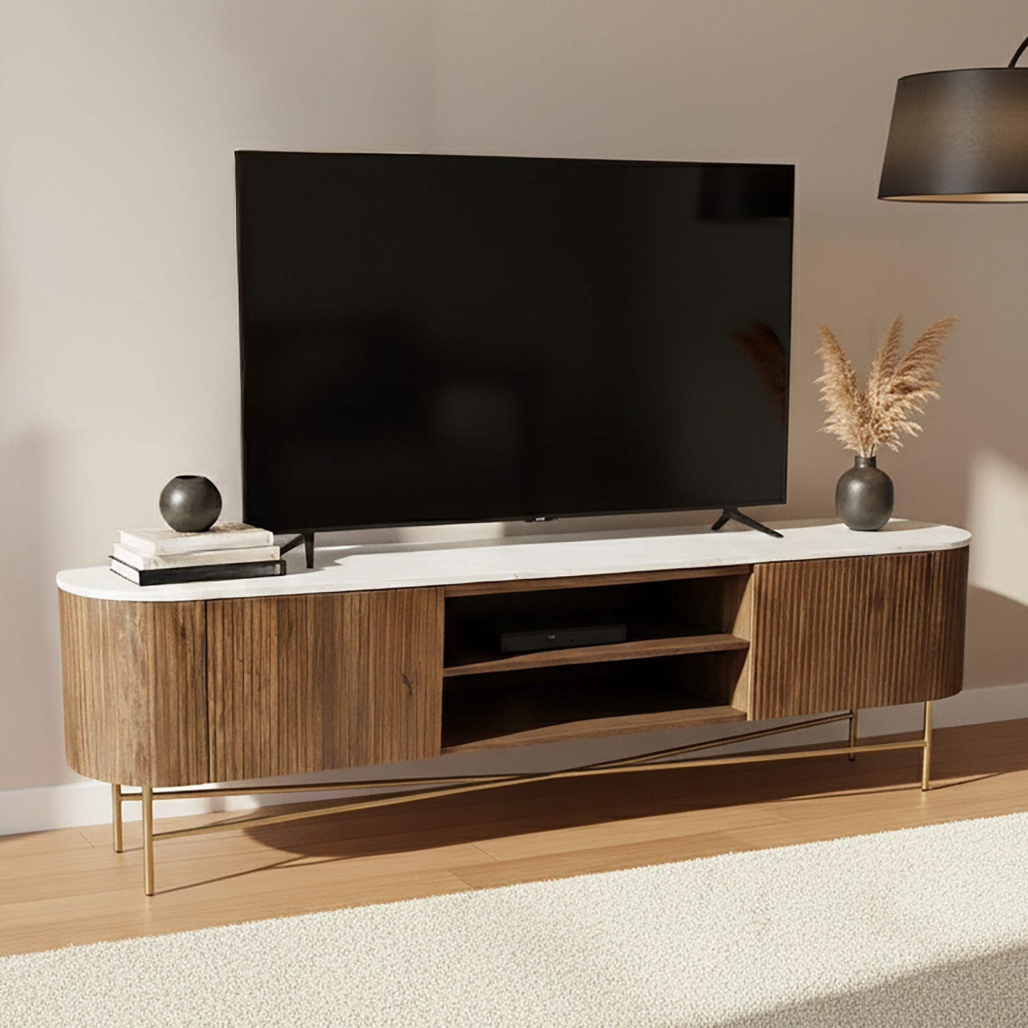 Console 39" Reyna avec tiroirs en noyer et blanc