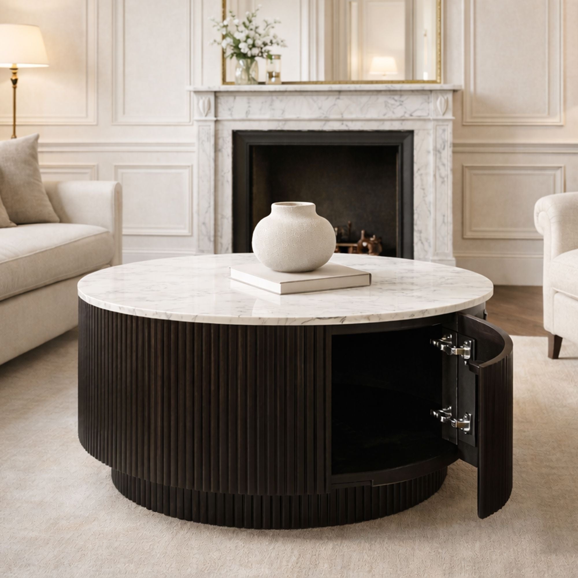 Reyna Round Coffee Table with Storage in Black & White