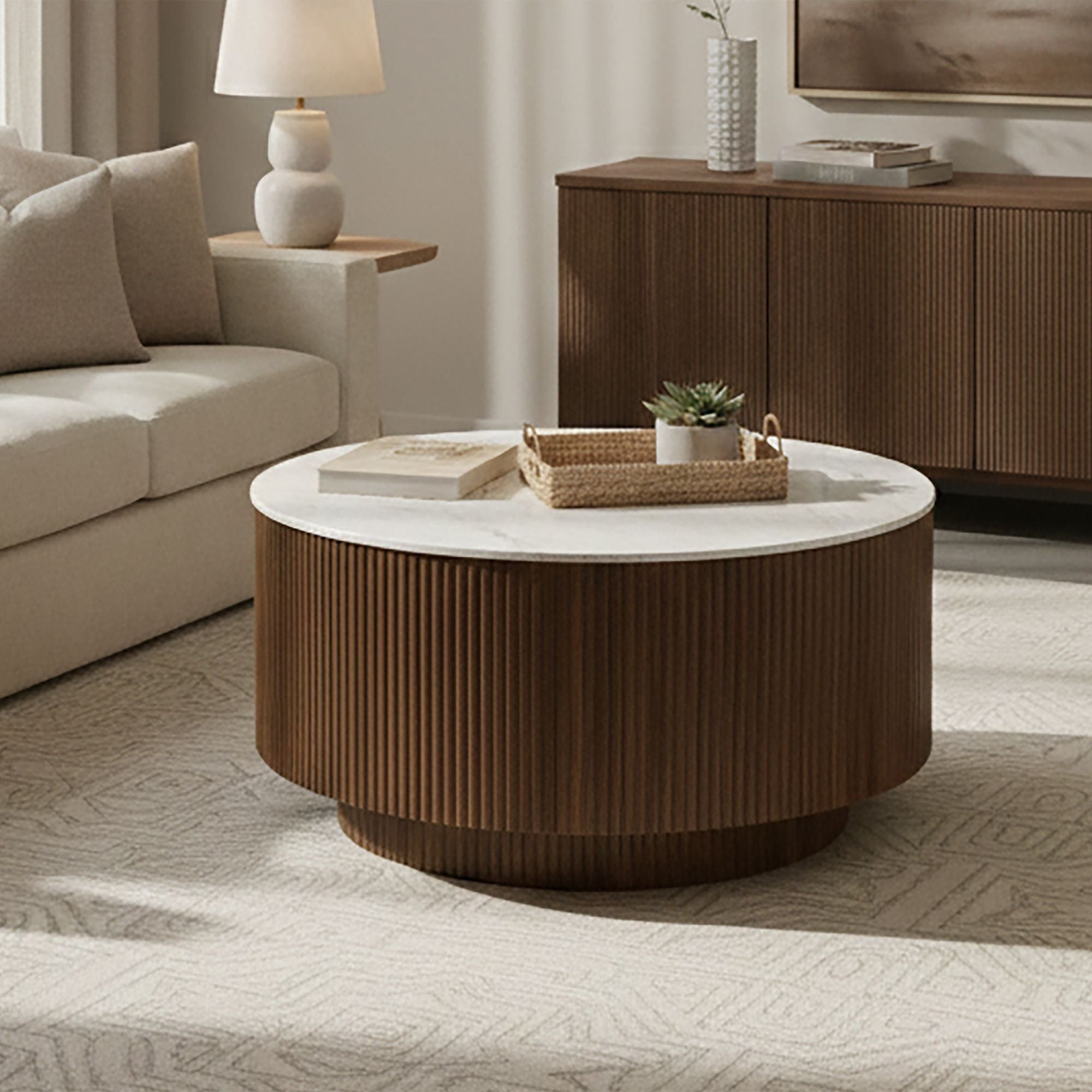 Reyna Round Coffee Table with Storage in Walnut & White