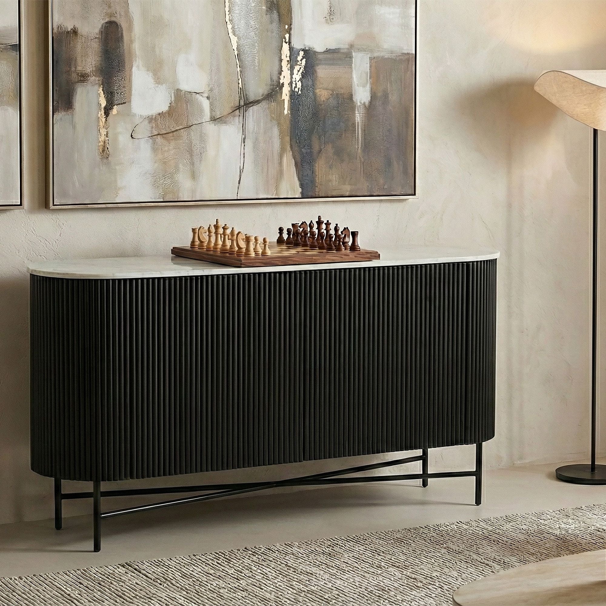 Reyna Mango Wood & Marble Top Sideboard, 57" in Black and White